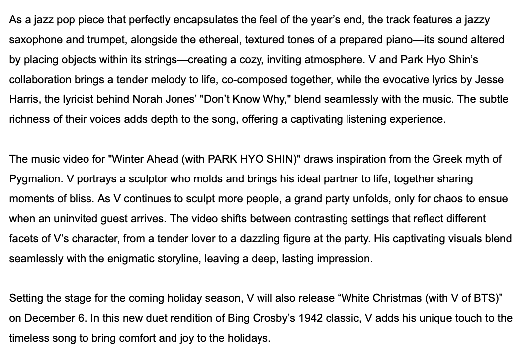 headlineplanet's tweet photo. BIGHIT MUSIC on V and Park Hyo Shin's "Winter Ahead"
 
"The track invites listeners to paradise, reminding them that simply being with someone you love can feel like heaven, even amidst raging storms and changing seasons." https://t.co/TFydljidj6