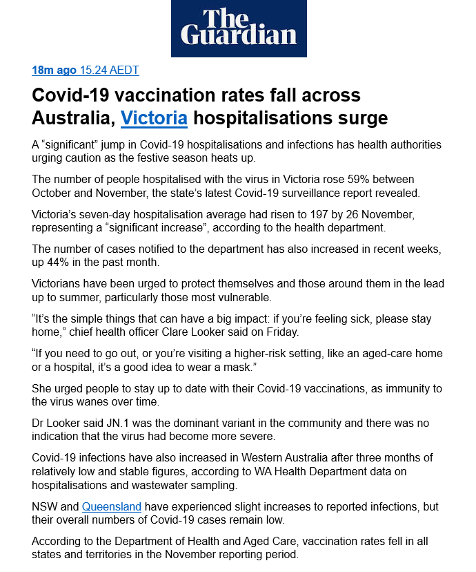 COVID-19 vaccination rates fall across Australia, Victoria hospitalisations surge.

"The number of people hospitalised with the virus in Victoria rose 59% between October and November, the state’s latest Covid-19 surveillance report revealed."

Source: theguardian.com/australia-news…