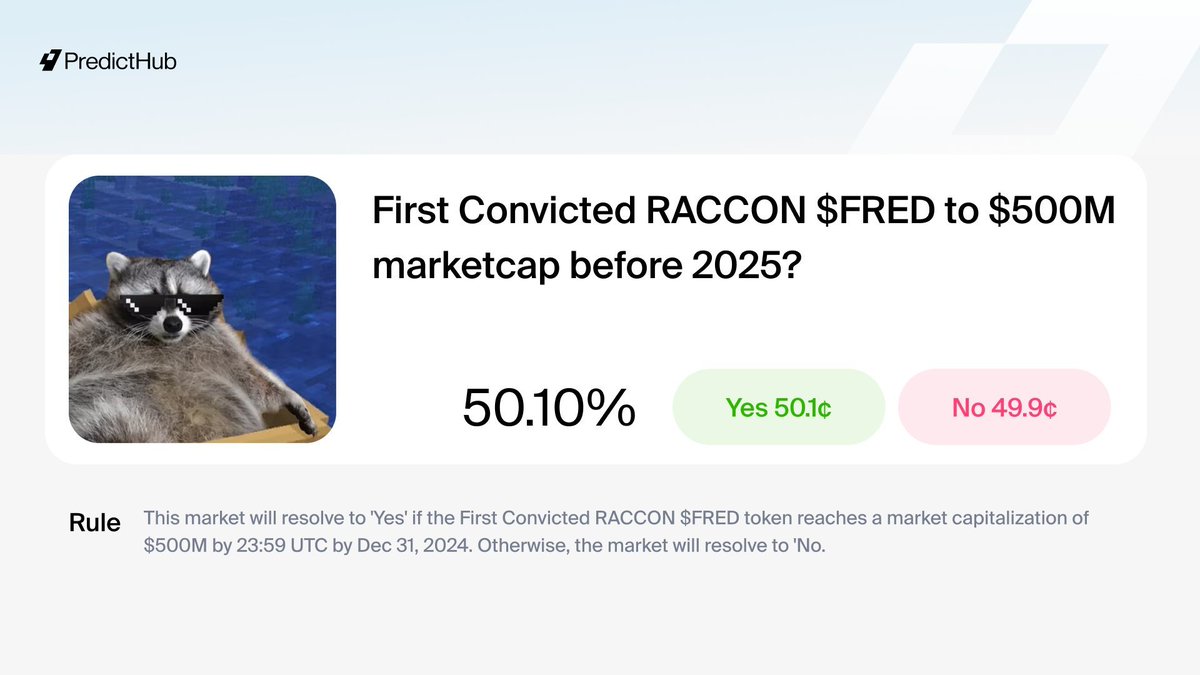PredictHub_io's tweet image. There’s a 50.1% chance that $FRED, the first convicted RACCOON, hits a $500M market cap by 2025 👀 

🦝Will the “Rescue Animals” memecoin trend keep thriving after $PNUT’s big success?

▶️ testnet.predicthub.io/event/first-co…
