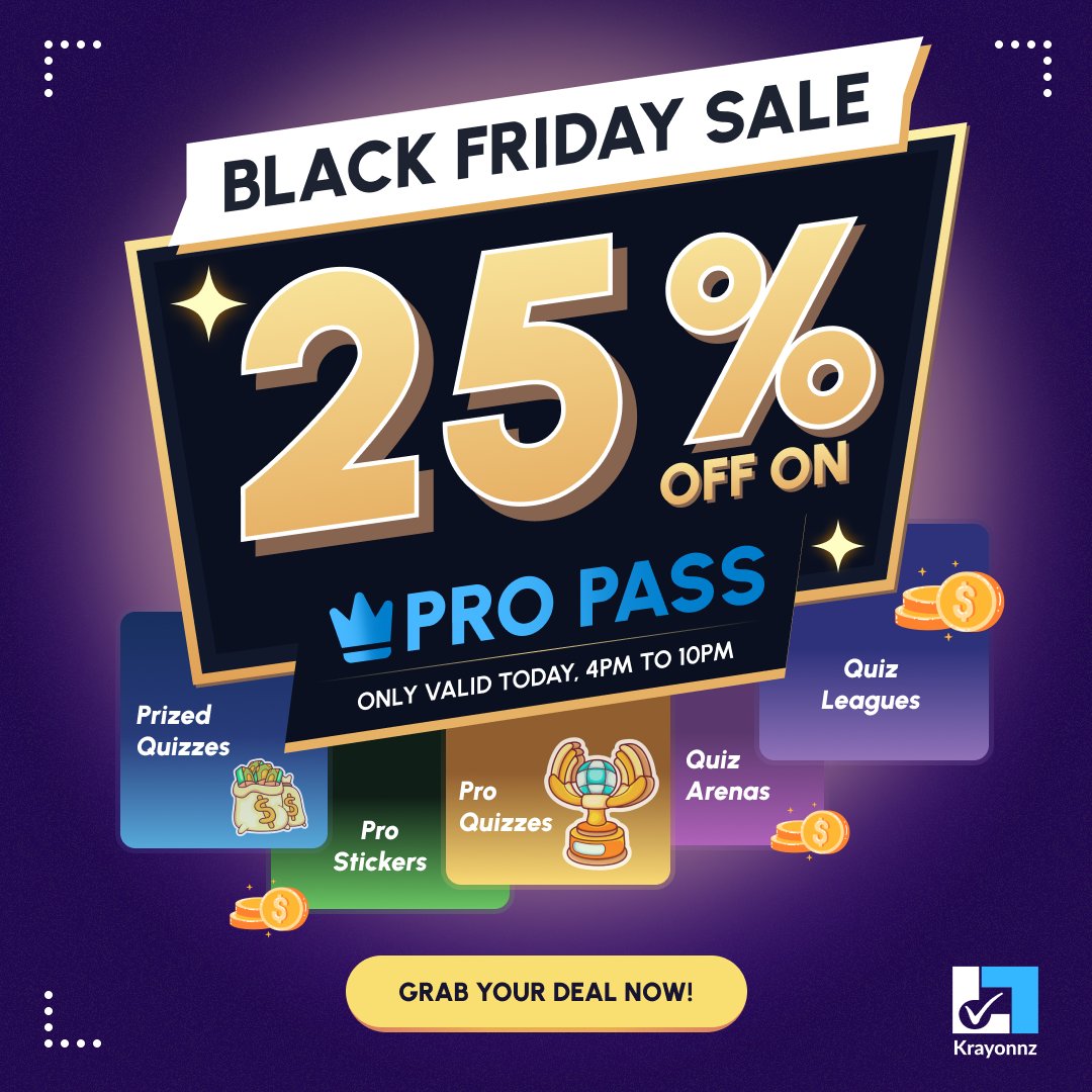 Black Friday Sale—Check for Spin the Wheel !! 🔥
Upto 25% off on yearly pass Bhai, paisa hee paisa hoga yahan.
Socho, ek quiz ka cost ₹0.60 se bhi kam! 😎

💥 Offer live only on 29th Nov, 4 PM – 10 PM!
💥 Pro Pass pe 25% OFF
💥 Roz raat 8 baje ka quiz!
💥 Total prize pool: ₹6L