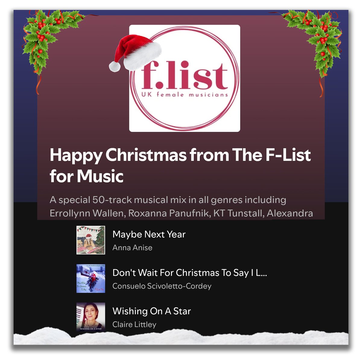Hel Rowell (@helsmedia) on Twitter photo Some great new tracks added to the <a href="/theflistmusic/">The F-List for Music</a> Christmas playlist!
open.spotify.com/playlist/5vmSB…
.
.
.
#newmusic #femaleartist #femalemusicians #femalesingers #genderdiverse #genderdiversemusicians #flist #featuredartists #music #christmasmusic Some great new tracks added to the <a href="/theflistmusic/">The F-List for Music</a> Christmas playlist!
open.spotify.com/playlist/5vmSB…
.
.
.
#newmusic #femaleartist #femalemusicians #femalesingers #genderdiverse #genderdiversemusicians #flist #featuredartists #music #christmasmusic
