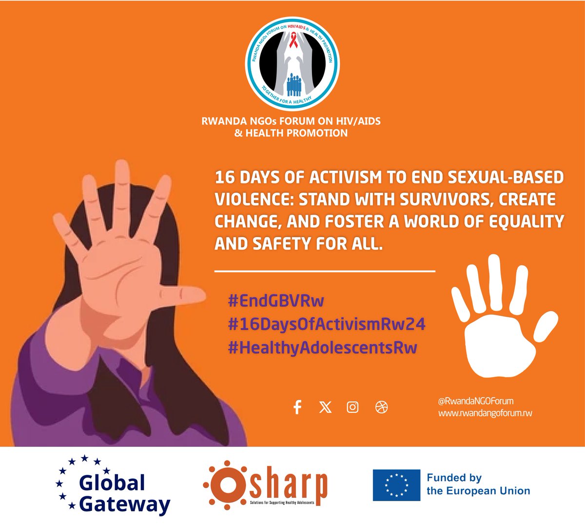 RwandaNGOForum's tweet photo. During these 16 Days of Activism Against Gender-Based Violence as a powerful global campaign aiming at ending violence against women and girls, we continue to amplify this year’s efforts, with a message on ending sexual violence, a devastating form of abuse that disproportionately affects women and girls. 
Sexual violence robs survivors of their dignity, health, and sense of safety, often leaving lasting physical and emotional scars. Through this campaign, we reaffirm that no one should endure such violence, and we call for collective action to end it.

Sexual violence not only harms individuals but also impacts families and communities as a whole. Survivors face stigma, discrimination, and challenges in accessing justice and support services. For young girls, the trauma of sexual violence can disrupt their education, health, and future opportunities. 

This cycle of harm perpetuates inequality and denies women and girls their fundamental rights. By addressing sexual violence, we are not only supporting survivors but also creating safer environments where every woman and girl can thrive.

As the campaign progresses, we urge everyone to take a stand. Advocate for policies that hold perpetrators accountable, strengthen survivor support systems, and challenge the harmful norms that enable sexual violence. 

Together, we can create a society where respect, equality, and safety are upheld for all. Let’s continue to shine a light on this issue, amplify survivors' voices, and work towards a future free from sexual violence.

#EndGBVRw
#16DaysOfActivisimRw24
#HealthyAdolescentsRw