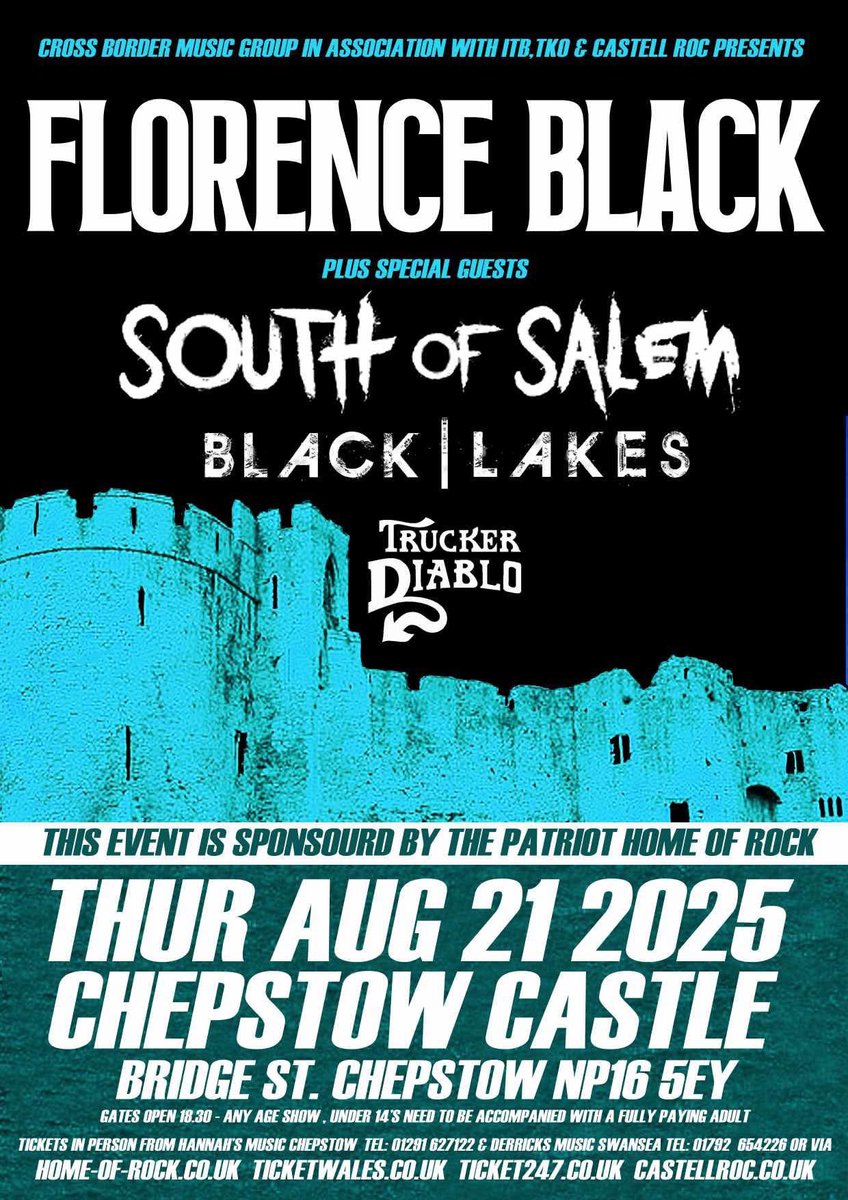 South Of Salem (@southofsalem1) on Twitter photo We head to Chepstow Castle summer 2025 to play with our friends <a href="/florenceblackUK/">Florence Black</a> ! Tickets on sale NOW 😈🤘 We head to Chepstow Castle summer 2025 to play with our friends <a href="/florenceblackUK/">Florence Black</a> ! Tickets on sale NOW 😈🤘