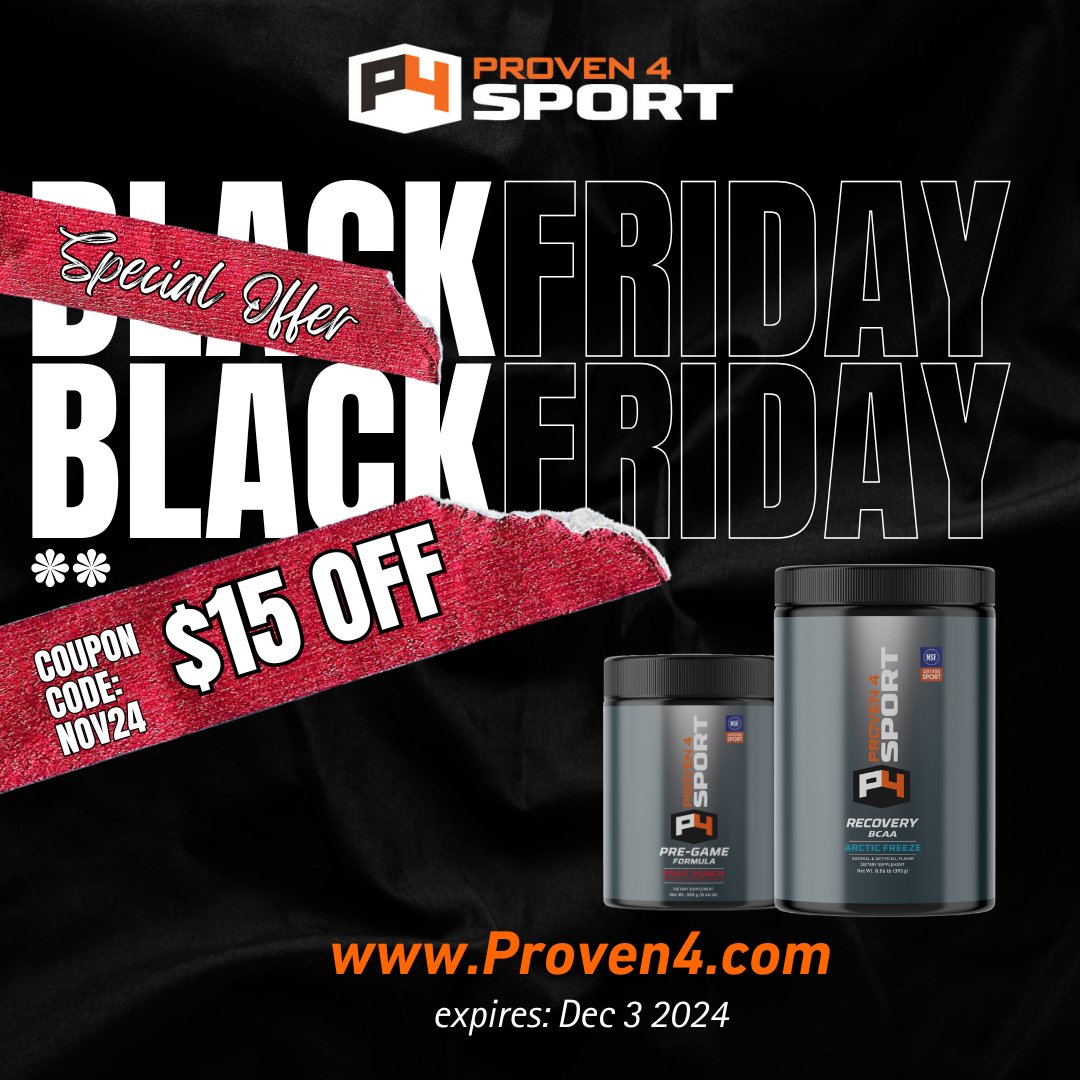 PHNProven4's tweet image. Black Friday is here! 🖤 Get $15 off your Proven4 order with code Nov24 at proven4.com. Don’t miss out on this deal—offer ends Dec 2, 2024! Stock up on your favorite NSF Certified supplements now! 💪 #BlackFriday #Proven4Sport #SaleAlert