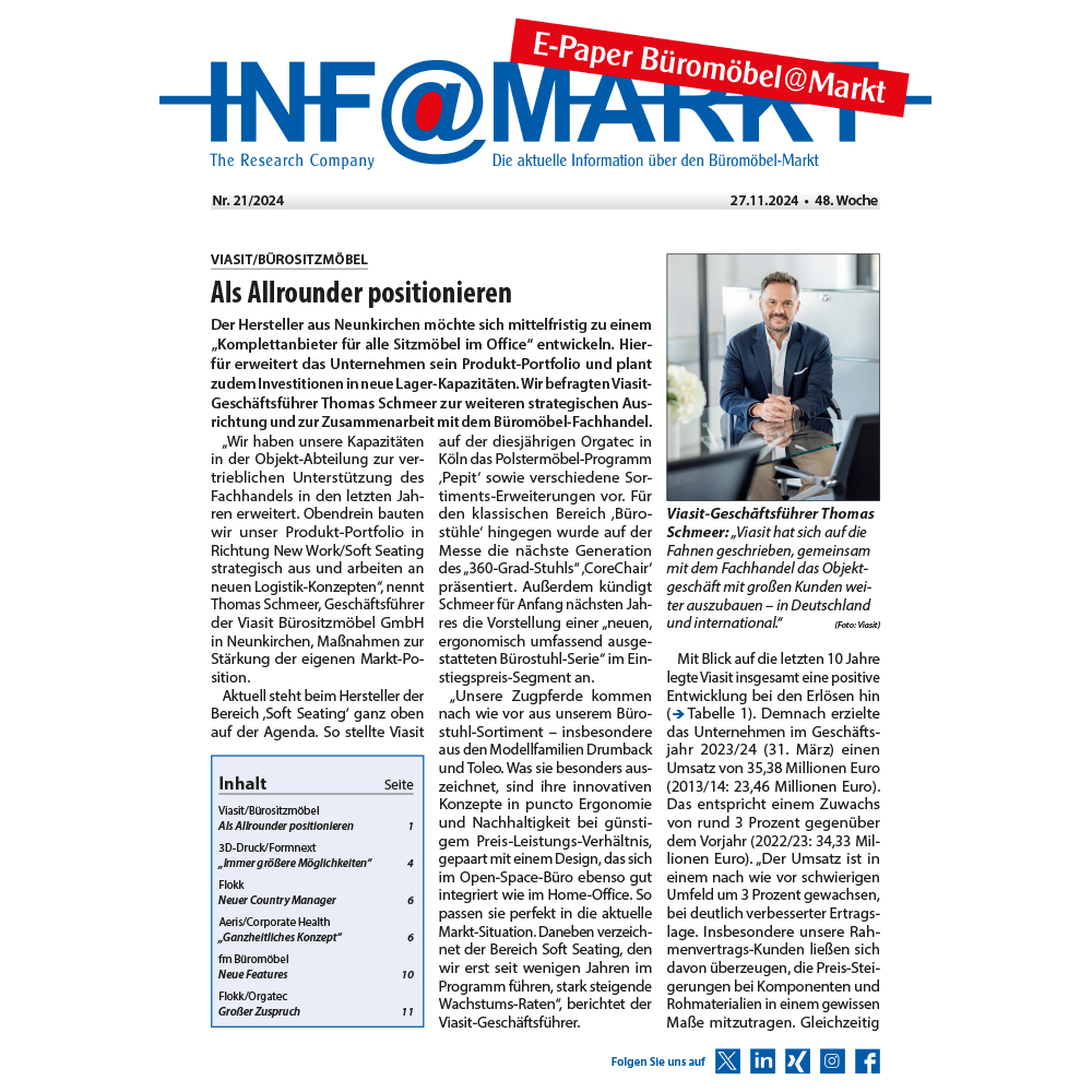 Viasit/Bürositzmöbel: Als Allrounder positionieren infomarkt.de/bestellen
<a href="/viasitfurniture/">viasit international</a> <a href="/aerisGmbh/">Aeris - Never just sit.</a> <a href="/ORGATEC/">ORGATEC</a> <a href="/Flokk_UK/">Flokk_UK</a>
#infomarkt #epaper #büromöbelmarkt #ausgabe #büromöbel #viasit #aeris #fmbüromöbel #flokk #orgatec #corporatehealth #formnext #sitzmöbel #office