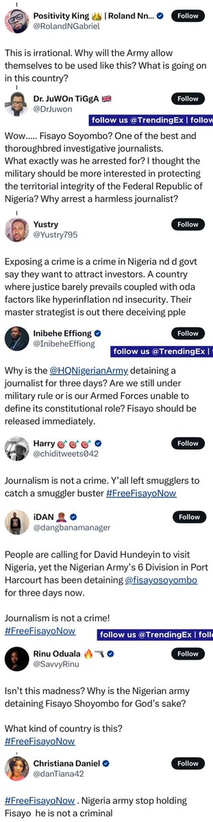 TrendingEx's tweet photo. #FreeFisayoNow is trending because Nigerians are calling on the Nigerian Army to release investigative journalist Fisayo Soyombo whom they arrested on Tuesday.

His arrest is possibly linked to a series of whistleblowing exposing illegal smuggling in the Customs.

Since the IBD Dende investigation, Fisayo has been negatively under the radar of Nigerian authorities.

Early this year in March, he revealed how IBD Dende has power to smuggle illegal dr/ugs, amongst others into the country. 

He also posted video evidence. IBD Dende denied. Customs, House of Reps, paid no attention. Instead Fisayo was declared wanted.

On August 14th, he honored police invitation. Where he was detained for 8hrs, before he was released on bail.

He later explained that, his invitation was over 15 petitions against him about a story on the Senior Special Assistant to the President on SDGs Nigeria (OSSAP-SDGs) headed by Adejoke Orelope-Adefulire. 

Just this month, he again exposed a syndicate that illegally moved 130,000 bags of rice into country from Bebe, Benin to Sango. 

Nigerians customs didn’t react, despite the overwhelming evidences he presented.

Fisayo’s case is one amosgt many cases of alleged press suppression in the country. So, Nigerians are calling on related authorities to release him. As he was arrested there days ago in Port Harcourt by the Nigerian Army of 6th Division in PH.

• You can recharge electricity remotely, check account balance remotely, allocate electricity digitally, connect and disconnect people remotely. Only on @VendrNg

Perfect for estate managers and landlords.

Get detailed analytics on your consumptions.

Inquire now: @Vendrng || iOS • Web • Android || info@vendr.ng || https://t.co/jXlayYoeCD