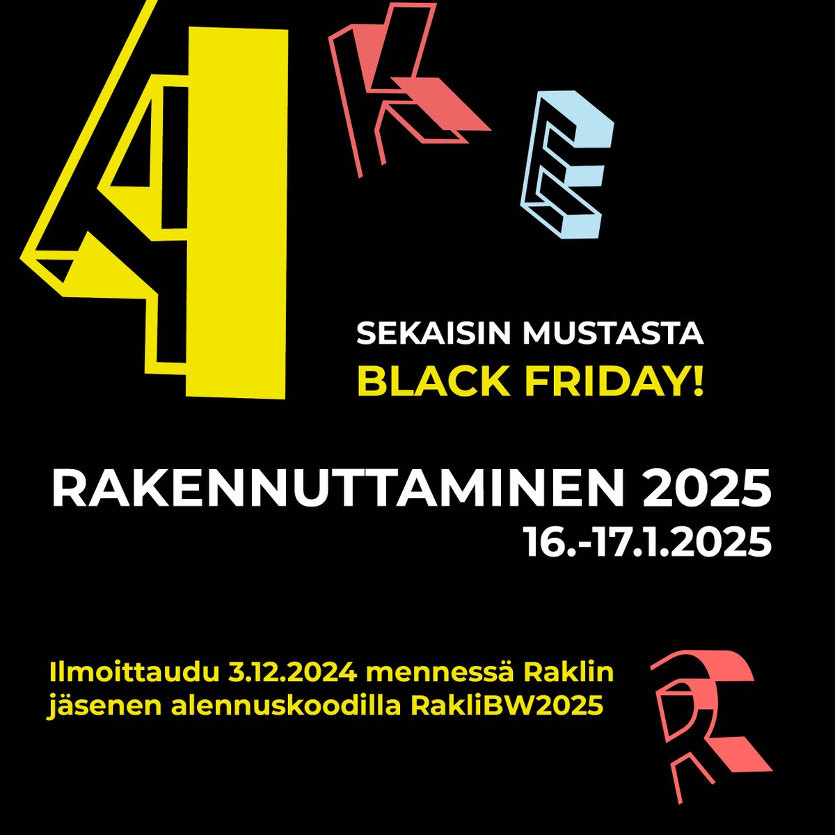 📢 Black Friday -erikoistarjous! 📢 
 
Rakennuttaminen 2025 -tapahtuman lippuhinnassa on nyt pimeä ale. Kipinkapin ostoksille!
 
Tsekkaa alehinnat ja alekoodit täältä 👉 rakennuttaminen.net/ilmoittautumin…

#rakennuttaminen2025