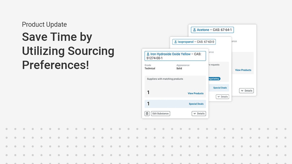 Did you know you can simplify your sourcing process with CheMondis? You can easily save your Sourcing Preferences to receive notifications when matching products are listed by Suppliers.
 
Dive into your Sourcing Preferences Today: bit.ly/4fMIASg

#CheMondis