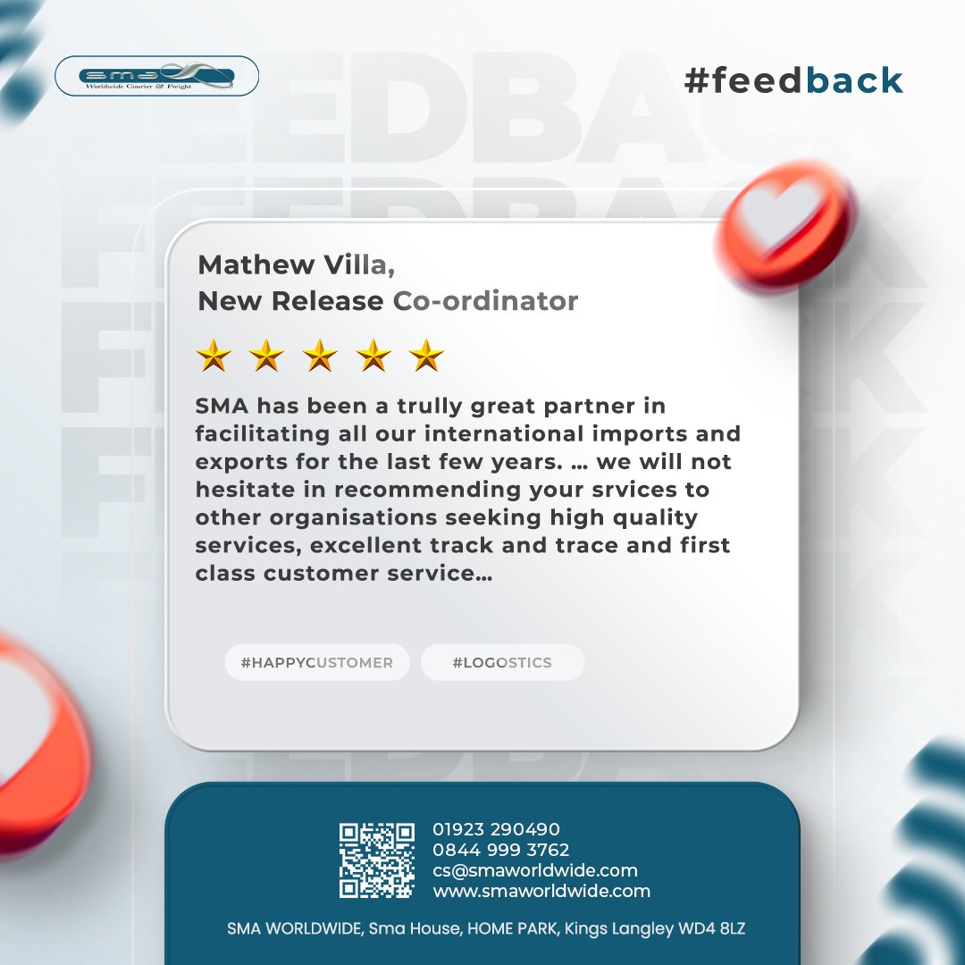 SMAWorldwideLtd's tweet image. Our customers say it best! 🌟🌟🌟🌟🌟

We&apos;re here to provide exceptional service, every time.💙

#CustomerLove #HappyCustomer #LogisticsDoneRight