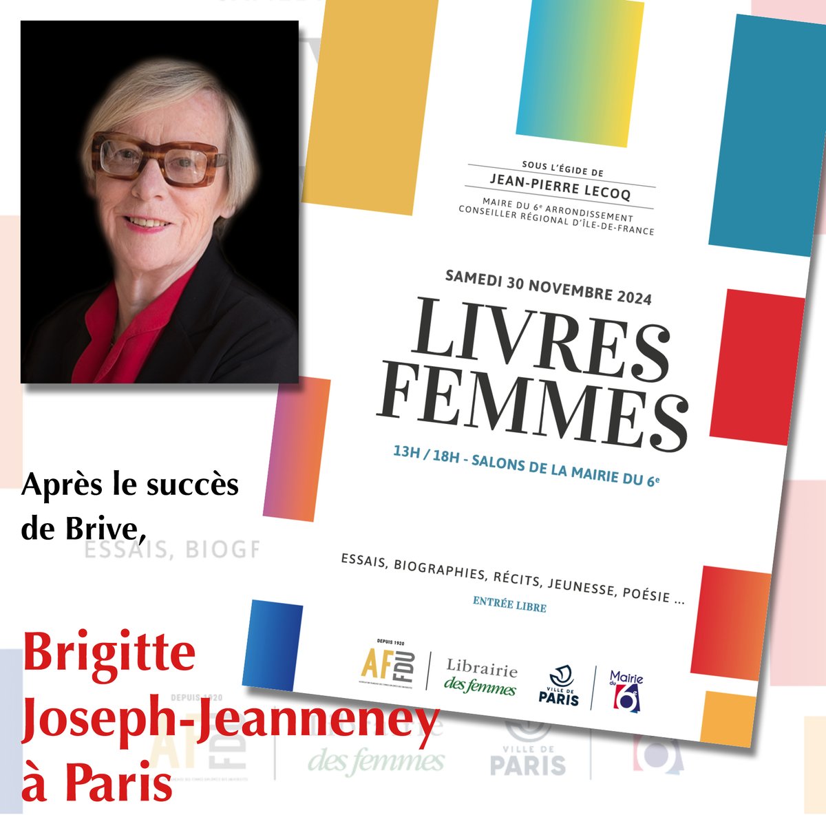 Après l'immense succès rencontré à la Foire du livre de Brive, Brigitte Joseph-Jeanneney sera à la mairie du VIe arrondissement de Paris dans le cadre de : Livres femmes.
N'hésitez pas à venir de 13 à 18h.
#penelope #Homère #iliade #Odyssey #feminisme #mythologiegrecque