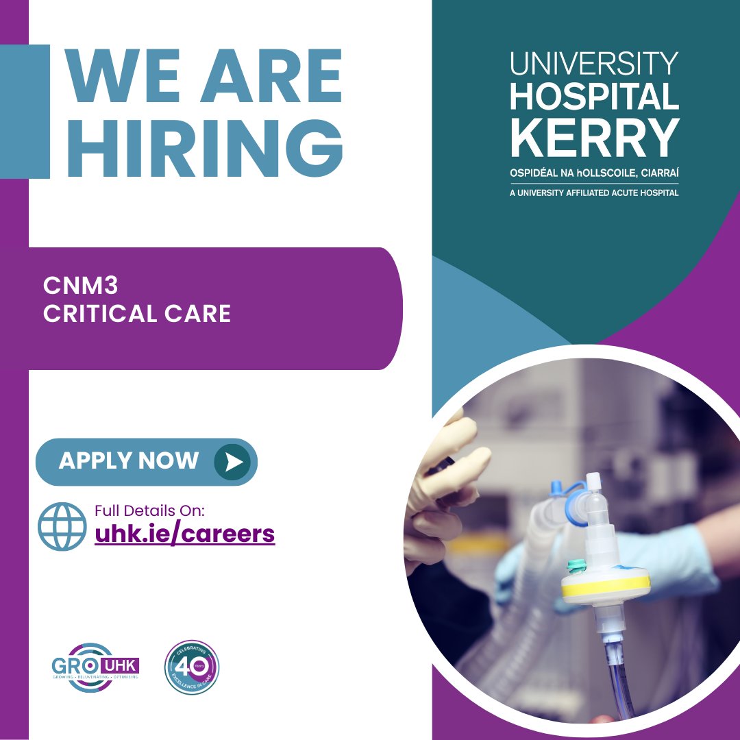 CNM3 Critical Care Position available
Find out more: uhk.ie/cnm3-critical-…

The post of CNM 3 has a pivotal role in service planning and development, co-ordinating and managing activity and resources within the clinical area. 

#HealthcareJobs #PeopleofUHK