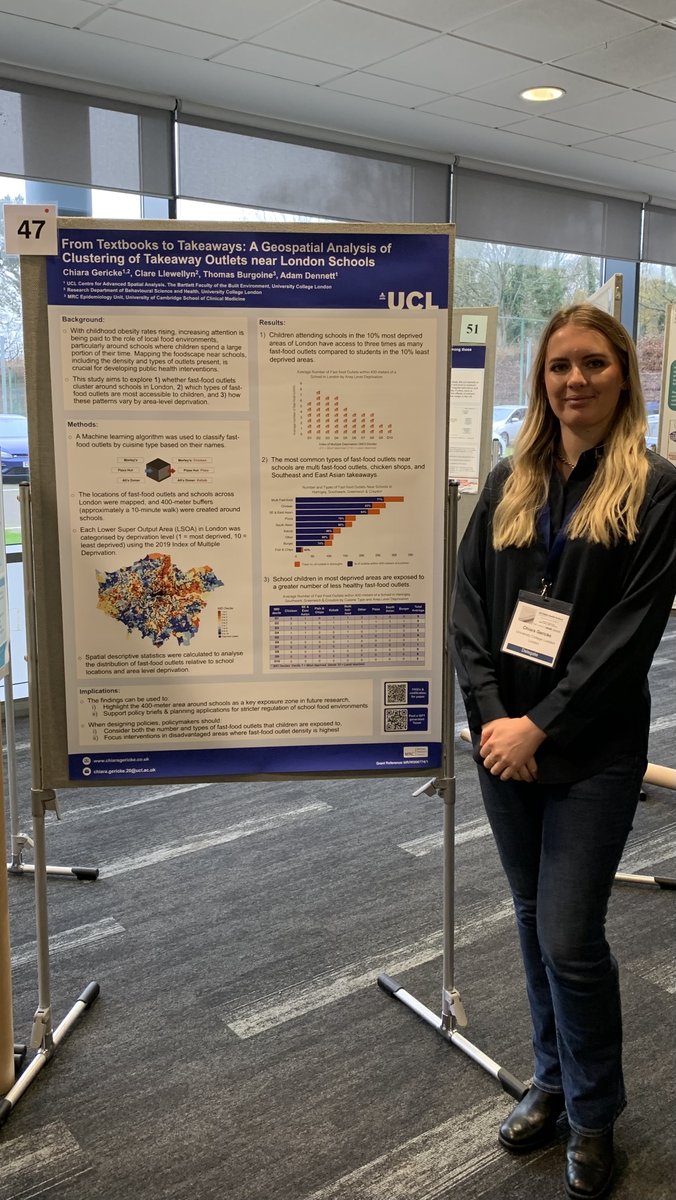 What is the food environment like around London schools? 🚸 On average, children encounter 5 fast-food outlets within a 10-minute walk. But in the most deprived areas, they’re exposed to 3x more - and they’re often less healthy 📊🌍 At #PHSci? Come chat to me about our research.