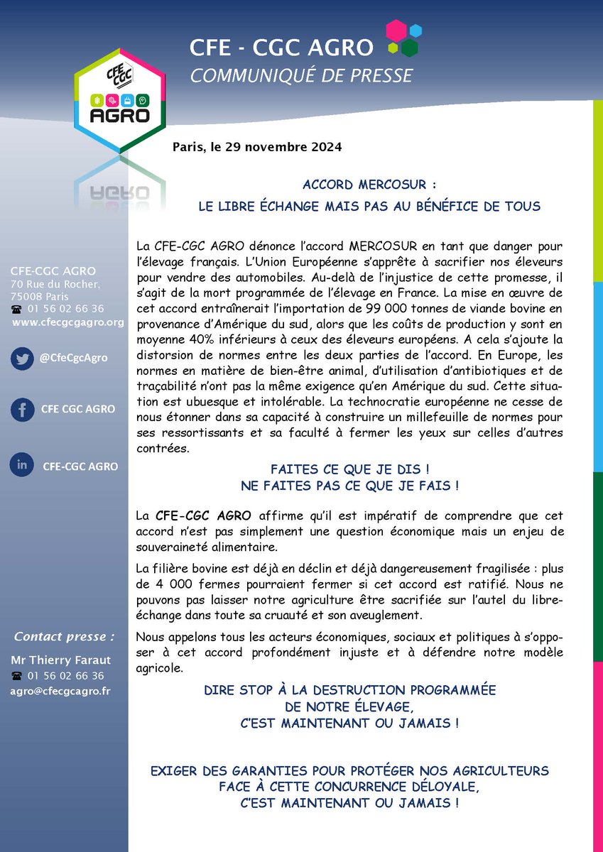 🛑 Non à l'accord MERCOSUR : défendons nos éleveurs ! 

La CFE-CGC AGRO dénonce un libre-échange déséquilibré qui pourrait détruire plus de 4 000 fermes bovines. 🐄✋

📣 Mobilisons-nous pour protéger notre agriculture et notre souveraineté alimentaire !