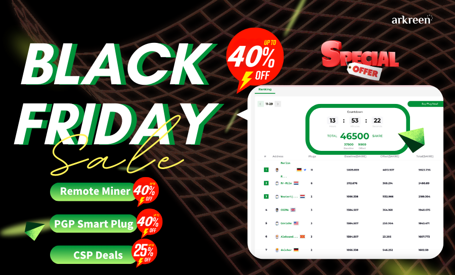 arkreen_network's tweet photo. 🎉Arkreen 2024 Black Friday & Cyber Monday Sales is on! 🌍  Just got your PGP Smart Plug? Kickstart your PGP journey in 3 simple steps!🔌🔋

1️⃣ Set Up Your Smart Plug⚙️
Install the Mobile App and notify the Arkreen team for onboarding:
🔗 https://t.co/8Yhjce4hy8

2️⃣ Unlock Baseline Rewards💎
Ensure your plug is powered and connected to a household appliance. For new users, we recommend connecting it to a refrigerator for 24/7 data reporting and consistent daily rewards.

3️⃣ Earn Offset Rewards and Climb the Leaderboard!🏆
✅ Option A: Busy? Activate Auto-Offset for instant rewards. https://t.co/KIxBSGDjaO
✅ Option B: Manually offset daily at your convenience to earn PGP rewards.
https://t.co/zhzCcJ3HmJ

Start earning now! 🌟🔗 https://t.co/NisUsU03mt

🎉Arkreen 2024 Black Friday & Cyber Monday Sales 
🗓 Nov 28 00:00 - Dec 3 23:59 (UTC+0)

🔥 Remote Miner (9.9U):  Up to 40% OFF
🔥 Smart Plug (129U):  Up to 40% OFF
🔥 CSP Deals  (199U): Up to 25% OFF

 #BlackFriday #DePIN #ReFi $AKRE #PGP #SmartPlug #CSP #AREC #ART