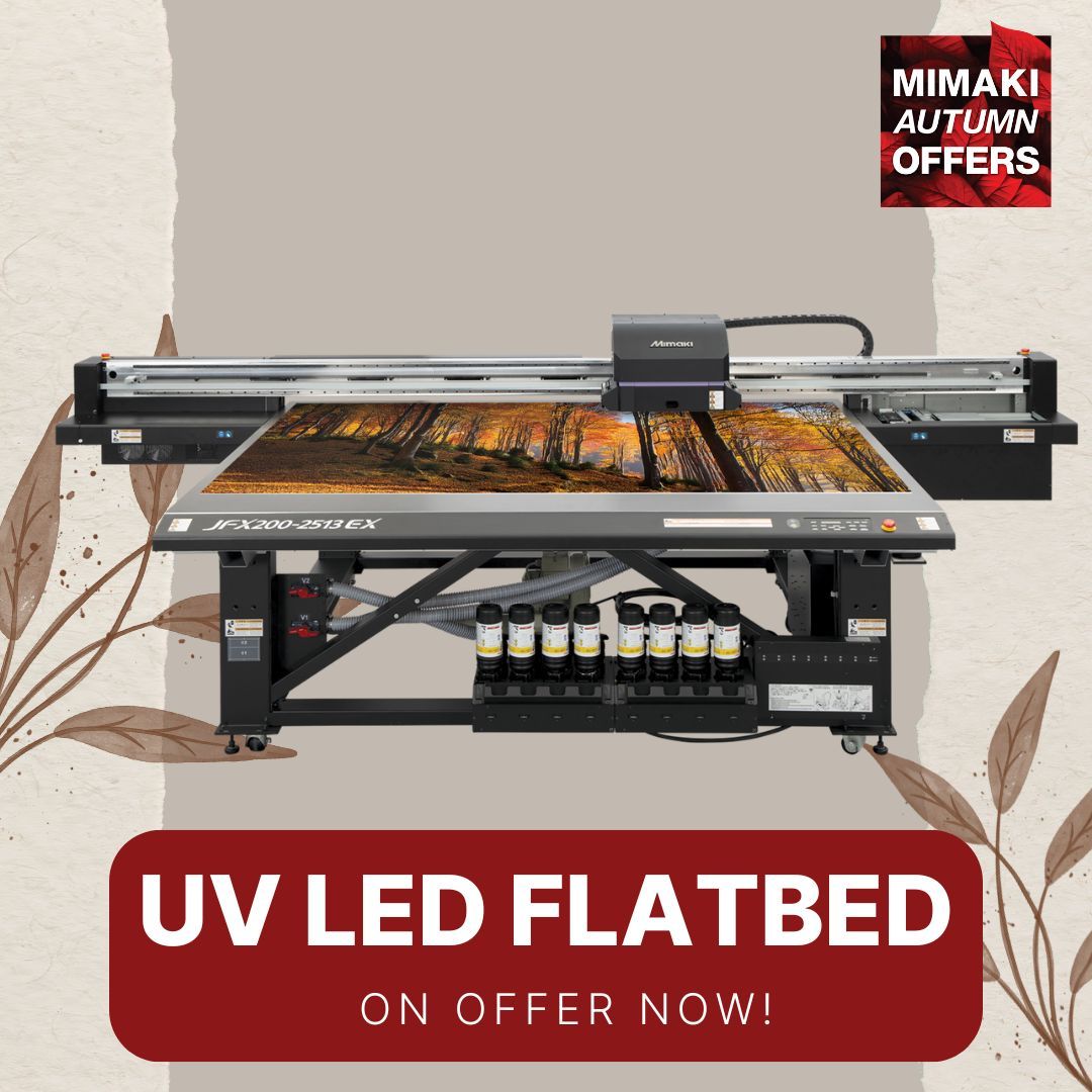 🍂 Autumn Offers 🍂

Upgrade with the award-winning Mimaki JFX200-2513 EX UV LED Flatbed Printer! Print up to 35m²/hr, create stunning 2.5D textures, and handle media up to 250kg. Perfect for a variety of materials—on offer now!

🍁 Don’t miss out: 🔗 buff.ly/3vw6vnb