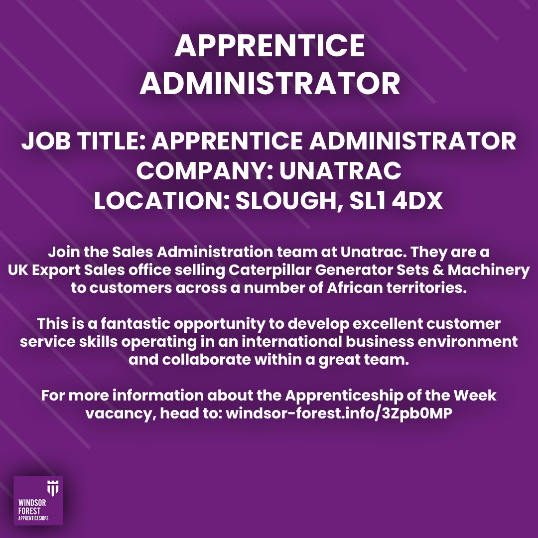 Apprenticeship Vacancy of the Week 💼

Job title: Apprentice Administrator
Company: Unatrac
Location: Slough
Closing date: Tuesday 31 December

More info: windsor-forest.info/3Zpb0MP