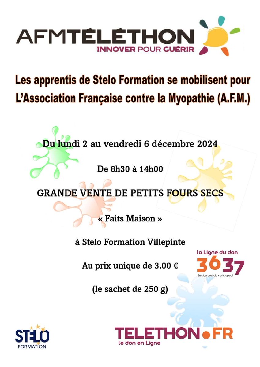 Semaine du 2 au 6 Décembre 2024
Vente de petits fours secs réalisés par nos apprentis au profit du #Telethon2024 
Stelo Formation Villepinte Avenue Jean Fourgeaud 93420 Villepinte