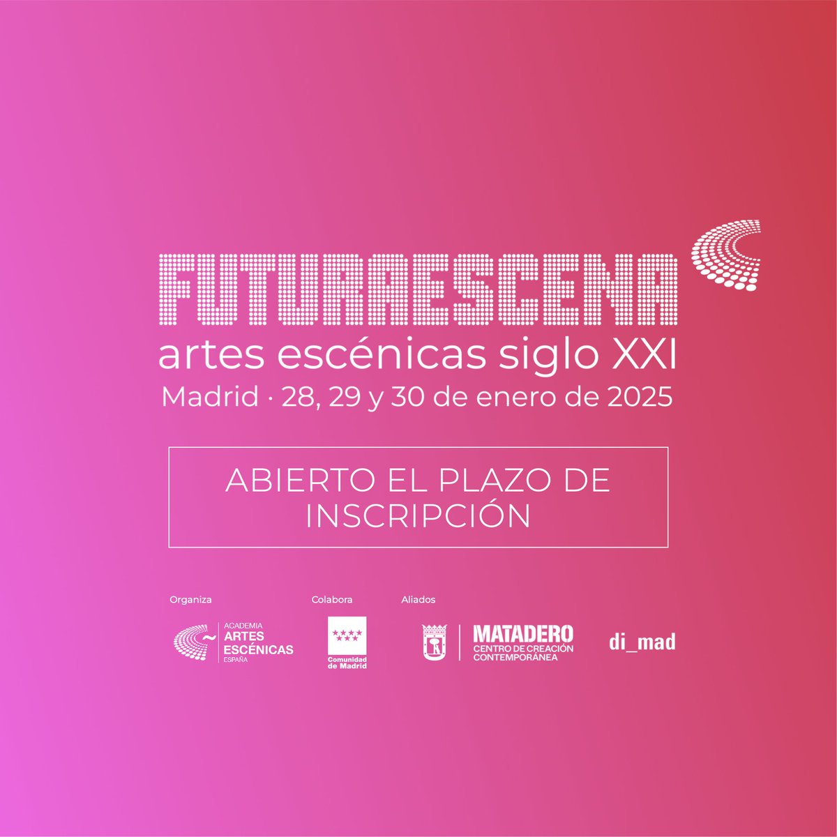 📝 ¡Ya puedes inscribirte a #FUTURAESCENA25, el encuentro dedicado a las artes escénicas que organizamos desde la Academia con el apoyo y la colaboración de <a href="/CulturaCMadrid/">Cultura▪️Comunidad de Madrid</a>, <a href="/mataderomadrid/">mataderomadrid</a>  y <a href="/di_mad/">DIMAD</a>!

🔗ℹ️ sites.google.com/academiaae.es/…