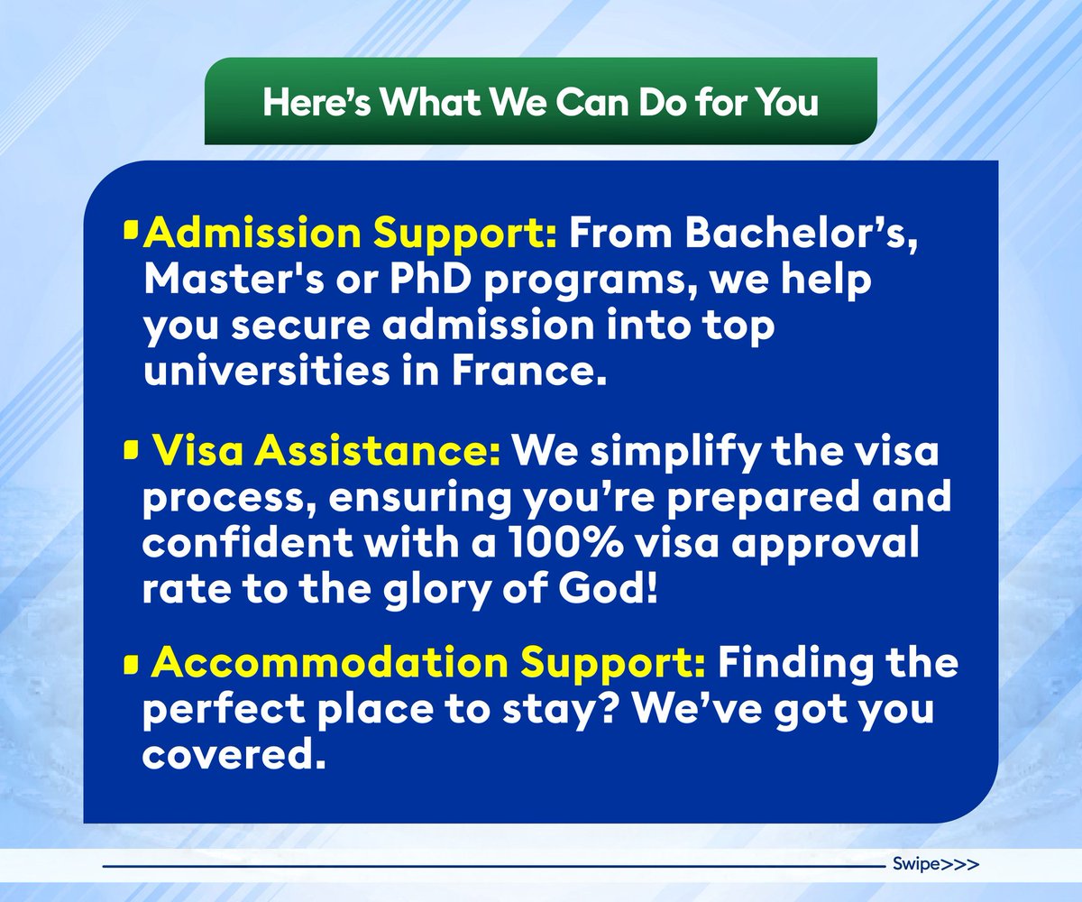 EduINFrance's tweet photo. With EduINFrance, you’ll enjoy a smooth transition to France without missing out on the comforts of home

Reach out today! Let’s help you achieve your dreams:

📩 Email: info@eduinfrance.com
📞 SMS/WhatsApp only: +234 916 725 2117
#StudyInFrance #EduINFrance #EducationConsultant https://t.co/d4RGftW2kP