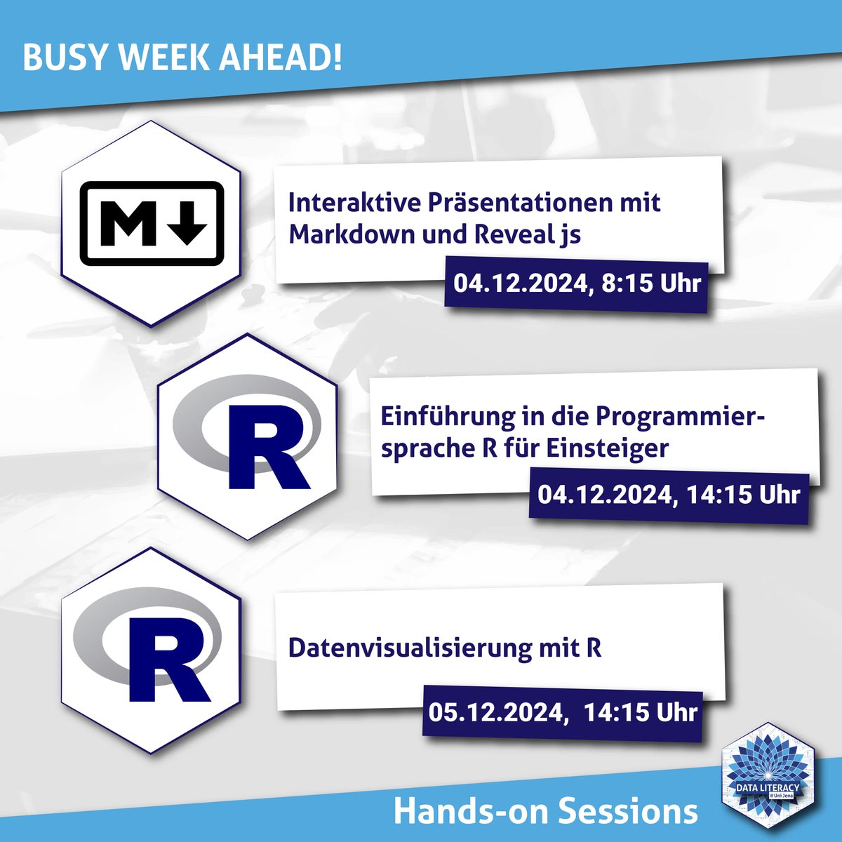 Data Literacy Jena (DaLiJe) (@dalije_unijena) on Twitter photo 🗓️Nächste Woche gibt es gleich 3 Data Literacy Hands-on Sessions <a href="/UniJena/">Universität Jena</a> .
Themen:
- Erstellung interaktiver Präsentationen 🎨
- R: Grundlagen & Visualisierung 📊
Alle Studierenden der Universität Jena sind herzlich willkommen.🎓
Weitere Informationen: dataliteracy.uni-jena.de/1375 🗓️Nächste Woche gibt es gleich 3 Data Literacy Hands-on Sessions <a href="/UniJena/">Universität Jena</a> .
Themen:
- Erstellung interaktiver Präsentationen 🎨
- R: Grundlagen & Visualisierung 📊
Alle Studierenden der Universität Jena sind herzlich willkommen.🎓
Weitere Informationen: dataliteracy.uni-jena.de/1375