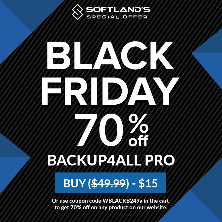 backup4all's tweet image. Softland's jaw-dropping #BlackFridayDeal: 🌟70% OFF Backup4all licenses🌟! Grab your license now for ONLY $15! Hurry, this unbeatable offer expires on November 30th!⏰Don't miss out on top-notch data protection: buff.ly/3lcvinH
#Backup #BlackFriday