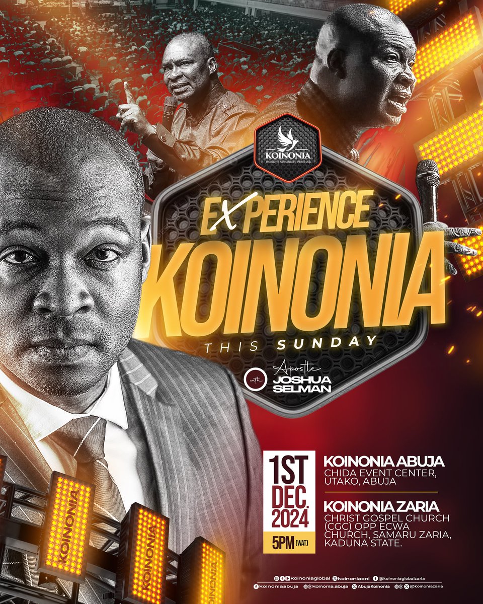 JOIN US FOR THE KOINONIA EXPERIENCE THIS SUNDAY!

“Come unto me, all ye that labour and are heavy laden, and I will give you rest.” – Matthew 11:28 (KJV)

Fellowship with us THIS SUNDAY, 1ST DECEMBER, at our ABUJA and ZARIA CENTERS as we gather together for a powerful time of