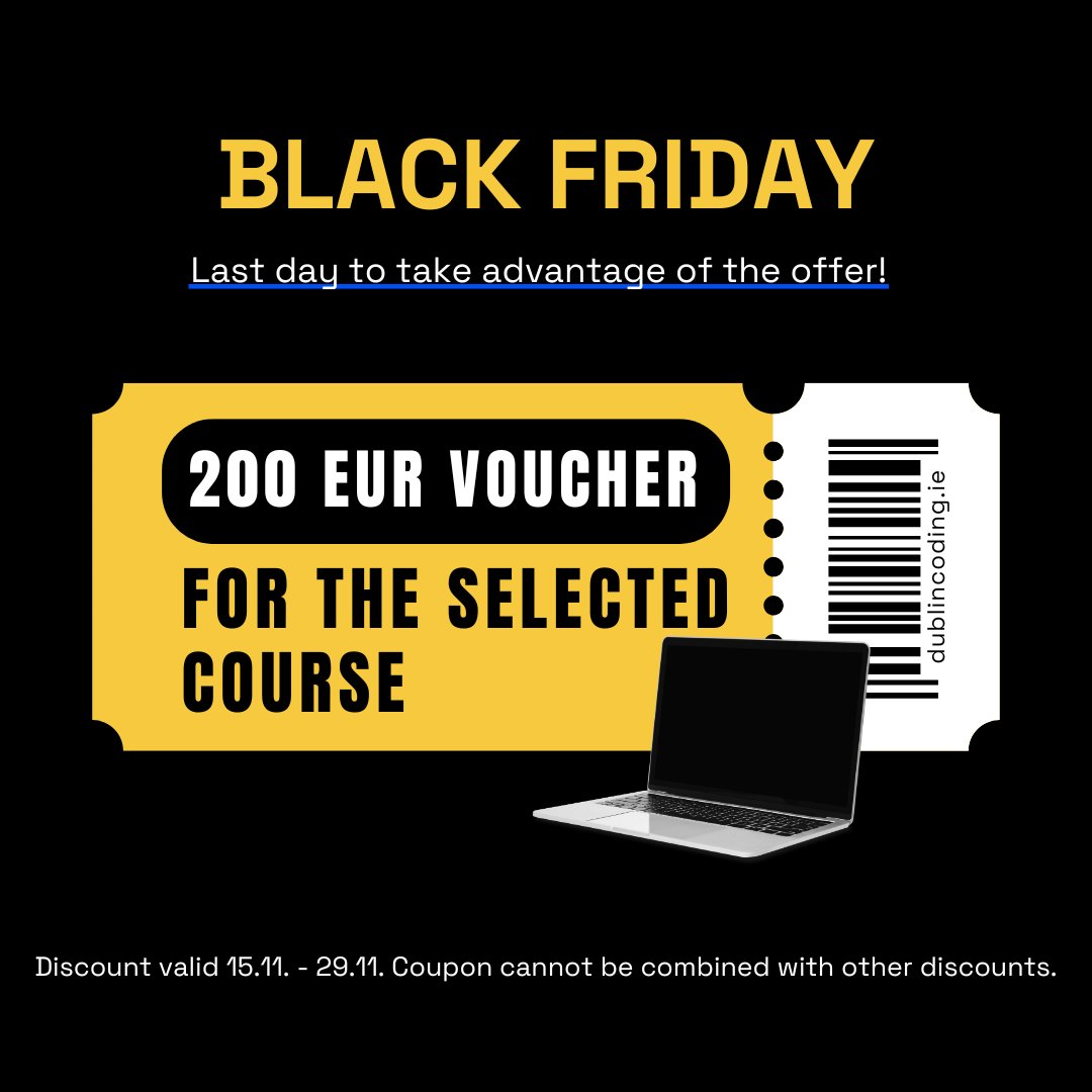 DublinCoding's tweet image. 💥 LAST DAY ALERT!
Get your 200 EUR discount for any IT course at Dublin Coding School – offer ends today, November 29th!
⏳ Don't wait – spots are limited!
⚠️ Coupon cannot be combined with other discounts.
Sign up now and start your IT career journey!
dublincoding.ie