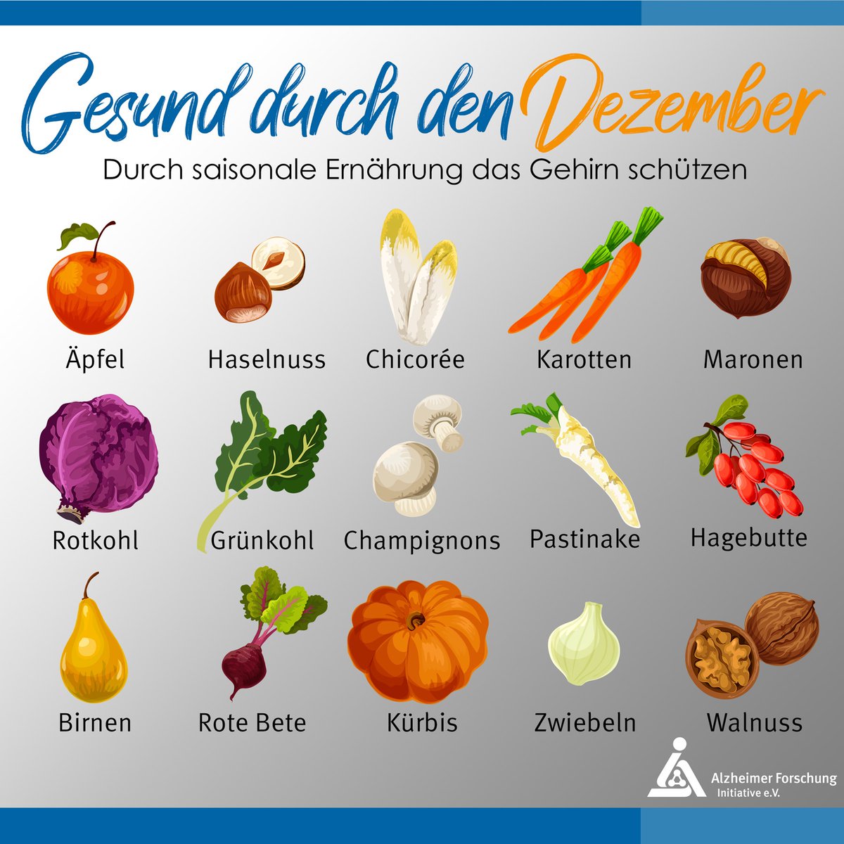 Alzheimer vorbeugen durch gesunde Ernährung? Wir stellen saisonales Obst und Gemüse für den Dezember vor, die Körper und Gehirn optimal versorgen und vor #Alzheimer schützen. #alzstoppen #ichbeugevor