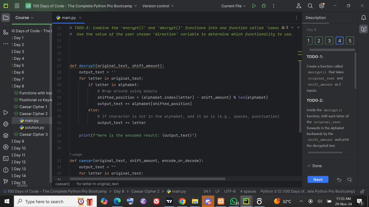 pythonhenry's tweet photo. 🚀 Day 8 of #100DaysOfPython 📷Today I learned [Caesar cipher(encode and decode password) #pythontopics-, Functions with inputs, Arguments and parameters]. 📷 #100DaysOfCode #PythonProgramming #CodeNewbie #python https://t.co/GC7lPAtjXT
