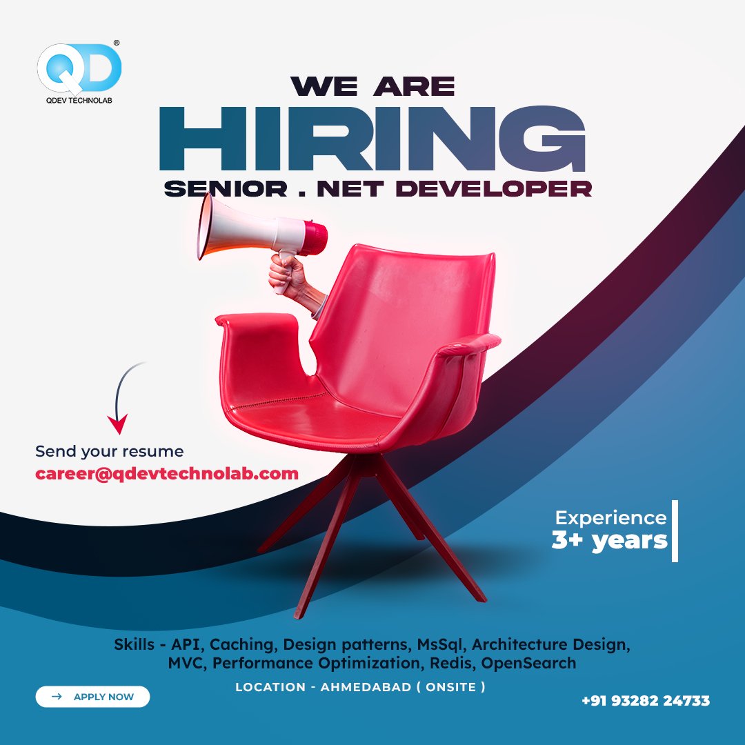 QdevTechnolab's tweet image. Your Next Career Move is Here!
We’re searching for a talented Senior .NET Developer who thrives on innovation and delivering excellence. If this sounds like you, let’s connect! 🌟
📍 Location: Ahmedabad, Gujarat (On-site)
💼 Experience: 3+ years
apply now!
#QDevTechnolab #Hiring