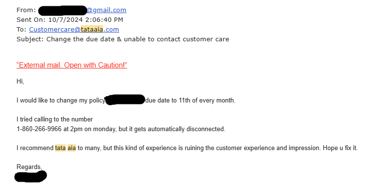 vignan37's tweet photo. Its been more than a month since I emailed you guys for a date change in my policy. 

Still no response. 

I have recommended tata aia to many people, but now I doubt it. Horrible service. I'm starting to feel like you're a fraud.
@TataAIA_Life  @TataCompanies @tata https://t.co/jyANxPn3ue