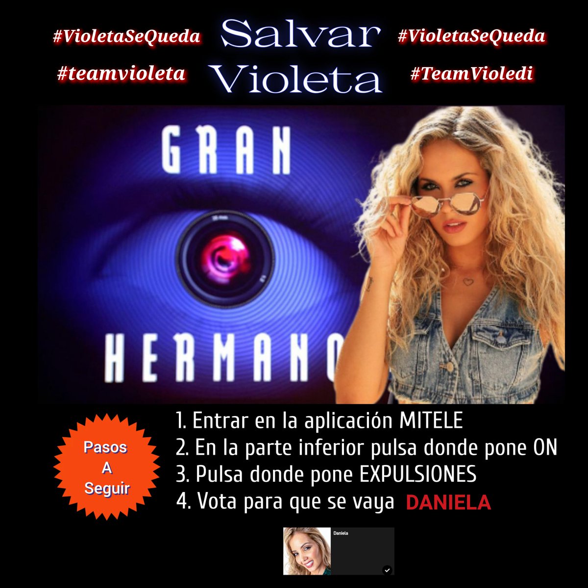 YO NO ME RINDO 💜💪
Vamos mi gente EXPULSAR DANIELA 
(Gracias a otros teams por ayudar)
#GH29N