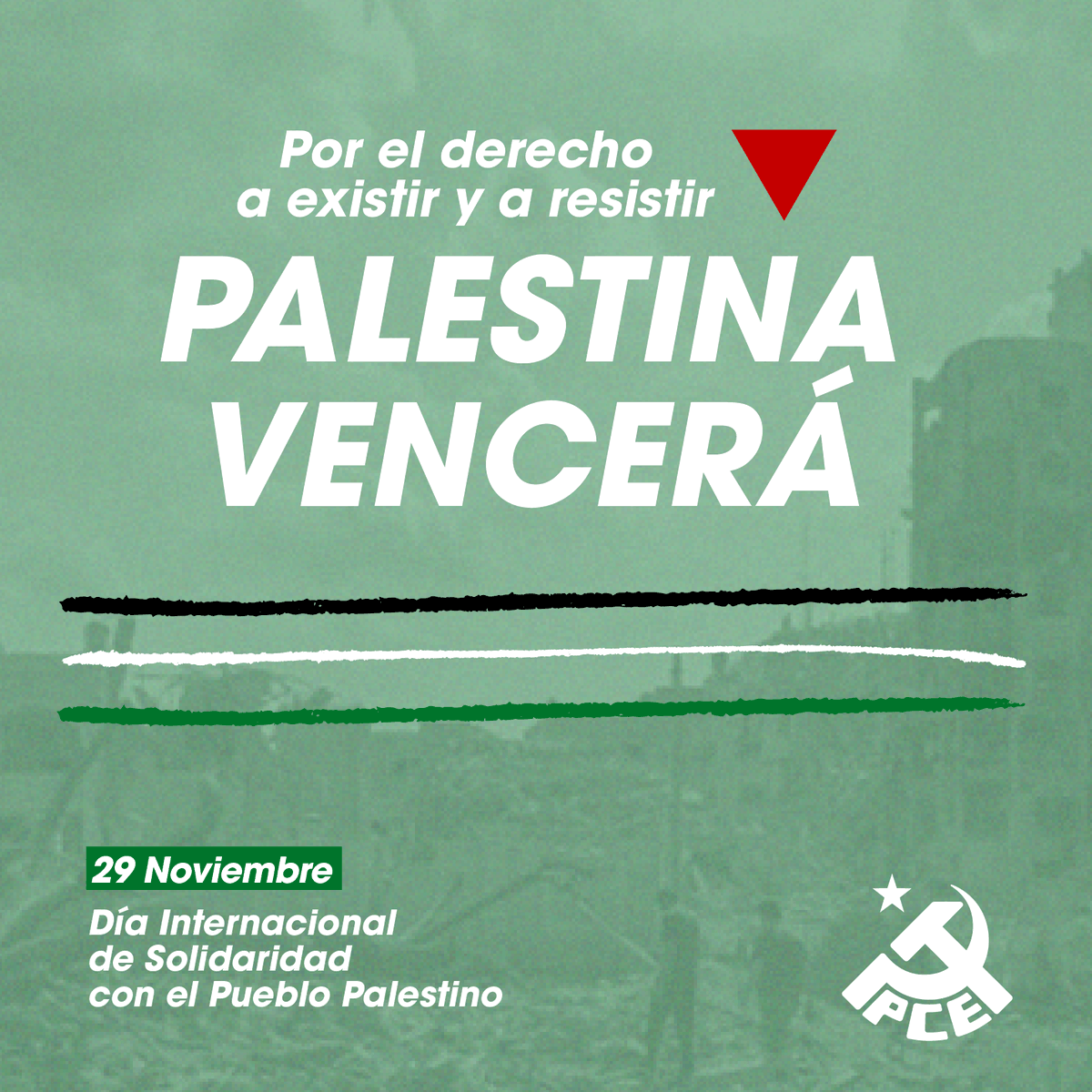 📢 En el Día Internacional de Solidaridad con el Pueblo Palestino, defendemos su derecho a existir y resistir frente a la ocupación y el genocidio.

Exigimos romper relaciones con Israel, suspender el Acuerdo de Asociación UE-Israel y el embargo de armas. 

#PalestinaVencerá🇵🇸✌️