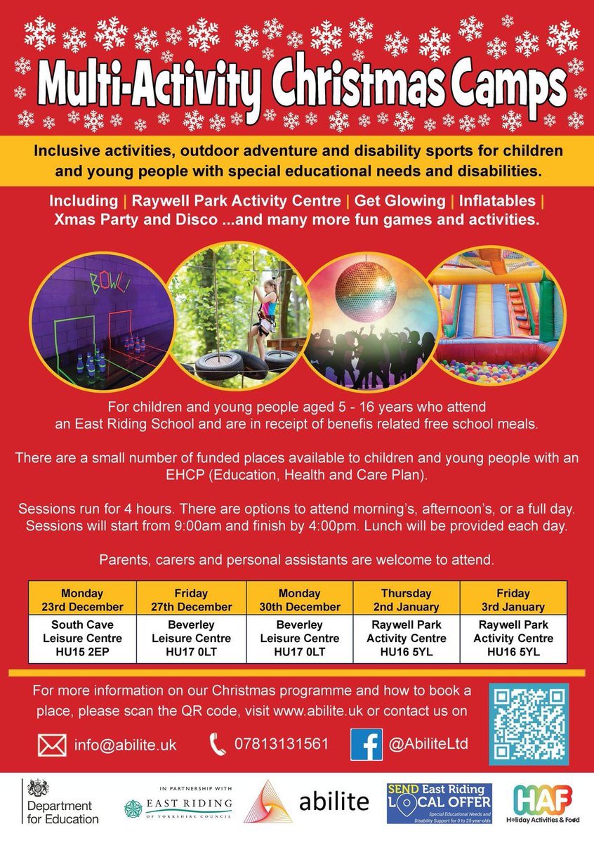 We still have places available on our upcoming Multi-Activity Christmas Camps. 

Mon 23 December, South Cave - Leisure Centre
Fri 27 December, Beverley - Leisure Centre 
Mon 30 December, Beverley - Leisure Centre 
Thu 2 January, Raywell Park 
Fri 3 January, Raywell Park