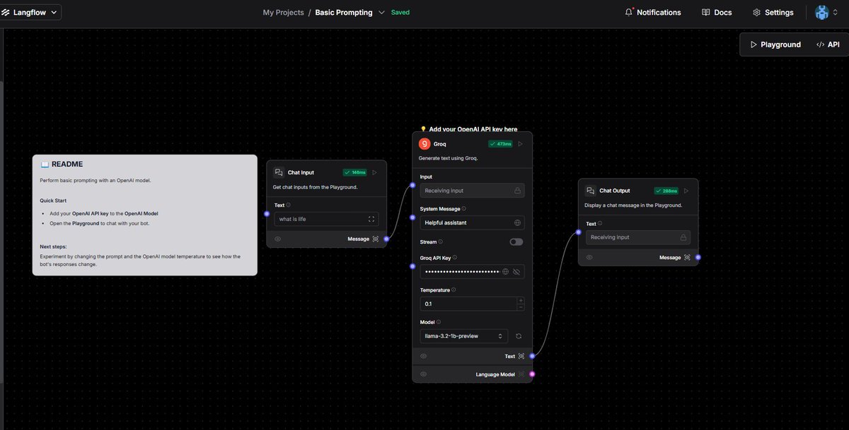 Catchingtides's tweet image. Enough coding, now I need visuals.
Langflow+groq test done. Forseeing weekend tests.
Btw, ollama connection error, can not debug at the moment.
#langflow #groq