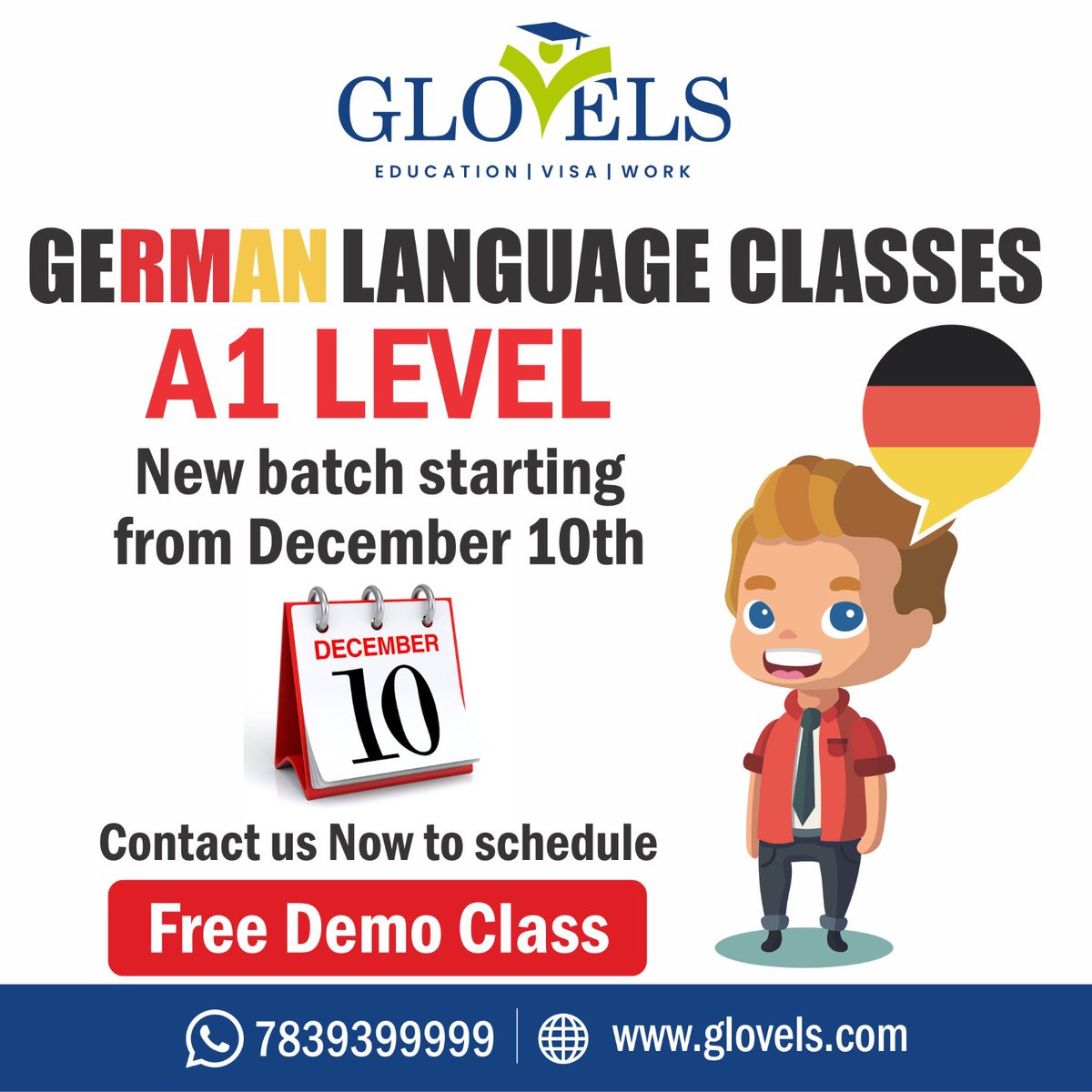 GlovelsOfficial's tweet image. 🎓✨ Free Demo for A1 German Classes! 🇩🇪

Start your German journey with Glovels Overseas Consultants!
🗓 New Batch: December 10th
✅ Beginner-Friendly
✅ Expert Trainers

#LearnGerman #GermanClasses #A1Level #GlovelsOverseas #LanguageLearning #StudyInGermany