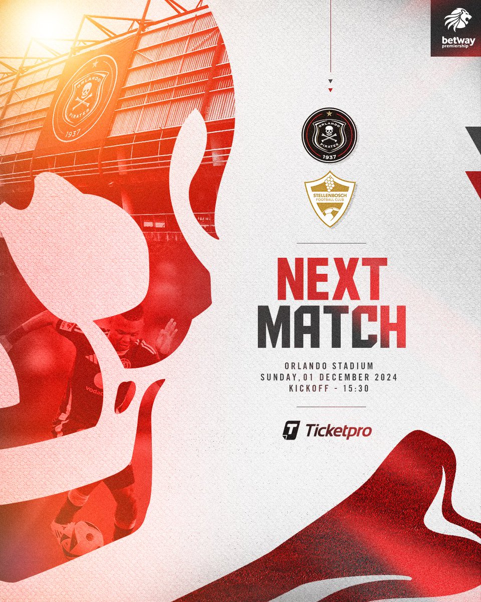 We are back at home 🏚️

⚫⚪Next Match☠️

🏆 #BetwayPrem
🆚 <a href="/StellenboschFC/">Stellenbosch FC</a>
🗓️ 01 December 2024
⏰ 15H30
🎟️ <a href="/TicketProSA/">Ticketpro</a>
🏟️ Orlando Stadium
📺 <a href="/SuperSportTV/">SuperSport 🏆</a>

⚫⚪🔴⭐
#OrlandoPirates
#OnceAlways