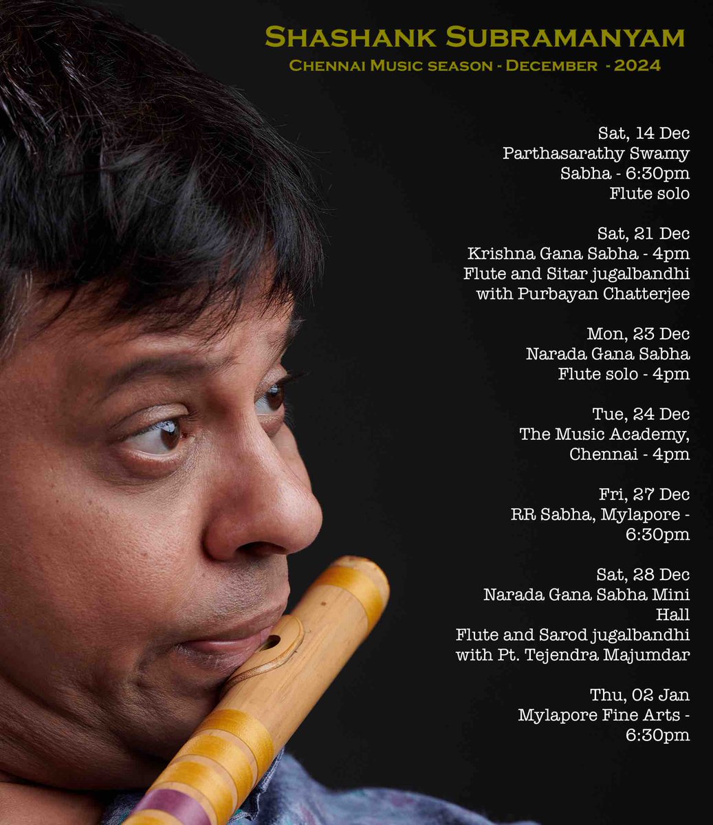 December in Chennai!
Do note the dates and be there dear Music lovers!

#shashankflute
#margazhi