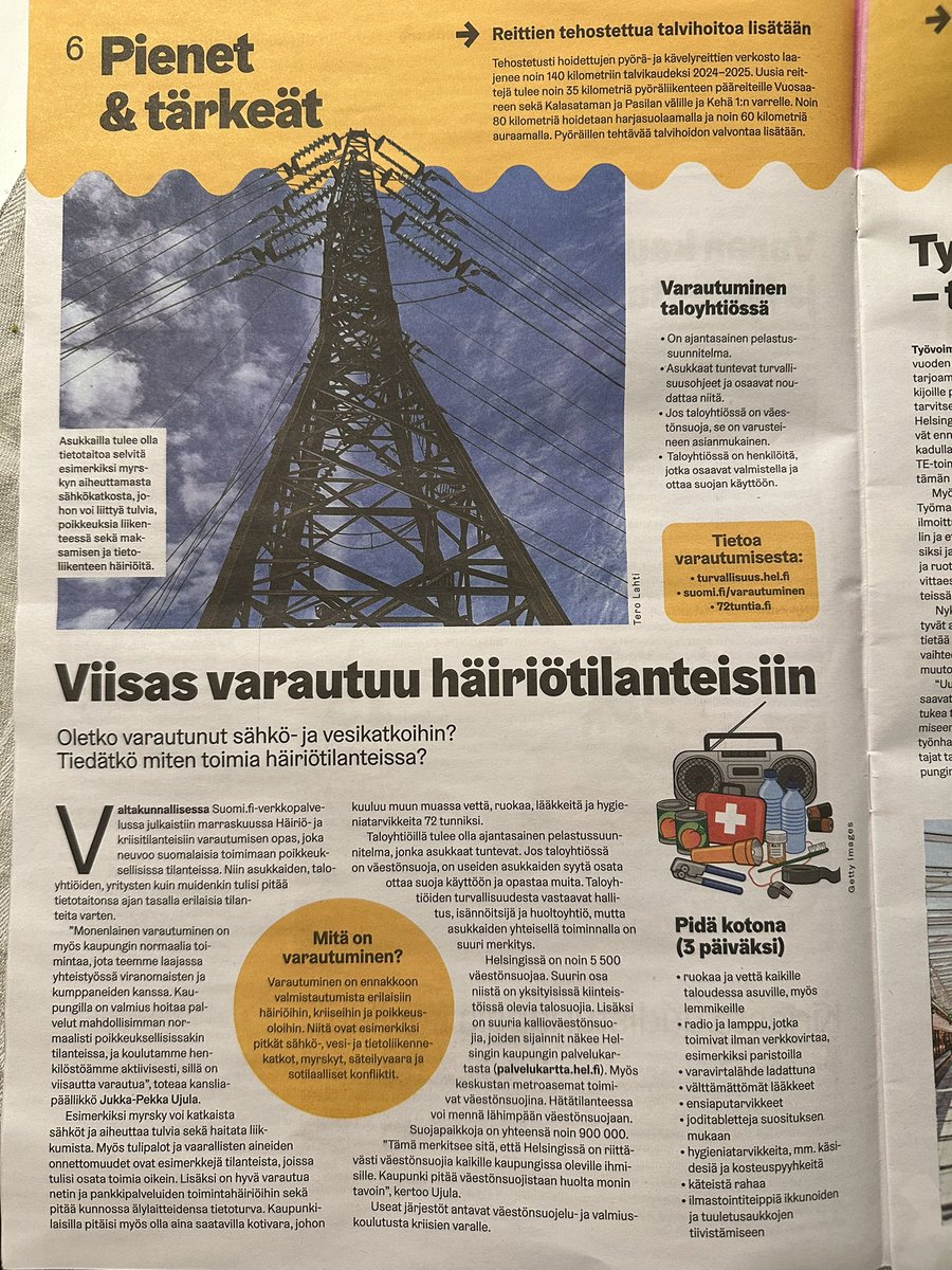 Helsingin kaupungin joka kotiin jaetussa lehdessä opastetaan hienosti omatoimisesta varautumisesta <a href="/helsinki/">Helsingin kaupunki</a>