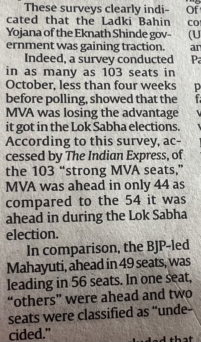 PadmajaJoshi's tweet photo. Big story in @IndianExpress. Congress’ own Internal survey showed in October itself that Mahayuti was ahead. Muslims were only category where MVA had edge, among all others: General, OBCs, SC, ST, Mahayuti had a lead. Some rue blaming the EVM as a ‘face saver’ 

https://t.co/WPXKIFDhNO