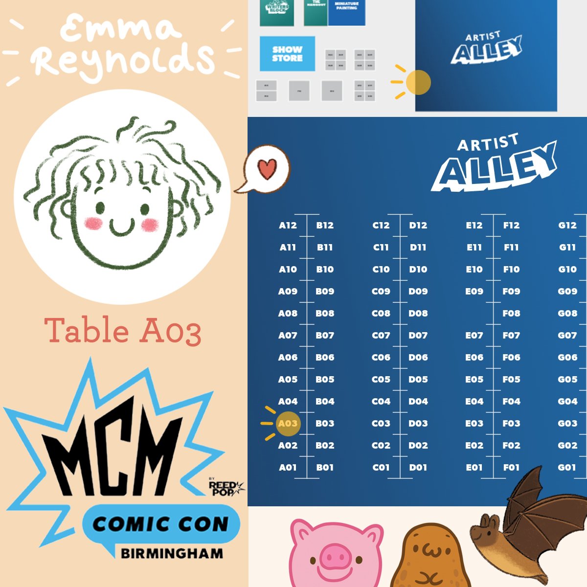 I'm at #MCMBirmingham all weekend on table A-03! Come say hellooo tomorrow Sat and Sun 😃 I've got bats, moles, pigs, manatees, seals, more bats, and cute potatoes :3

#mcmbirminghamcomiccon #artistalley #MCMcomicon