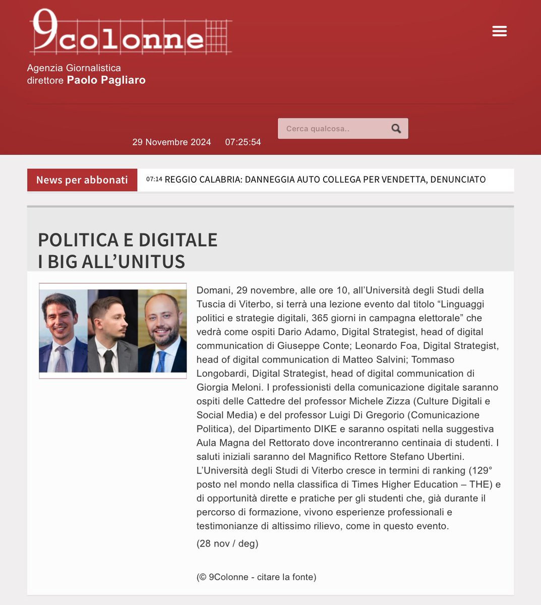 All’<a href="/unitusviterbo/">Università degli Studi della Tuscia</a> i big della comunicazione digitale della politica italiana. <a href="/LeonardoFoa/">Leonardo Fagner</a> per #Salvini - <a href="/DarioAdamo/">Dario Adamo</a> per #Conte e @tom_longobardi per #Meloni. Con <a href="/ldigregorio75/">Luigi Di Gregorio</a> racconteremo agli studenti la politica platformizzata. Sarà una “jam session” straordinaria