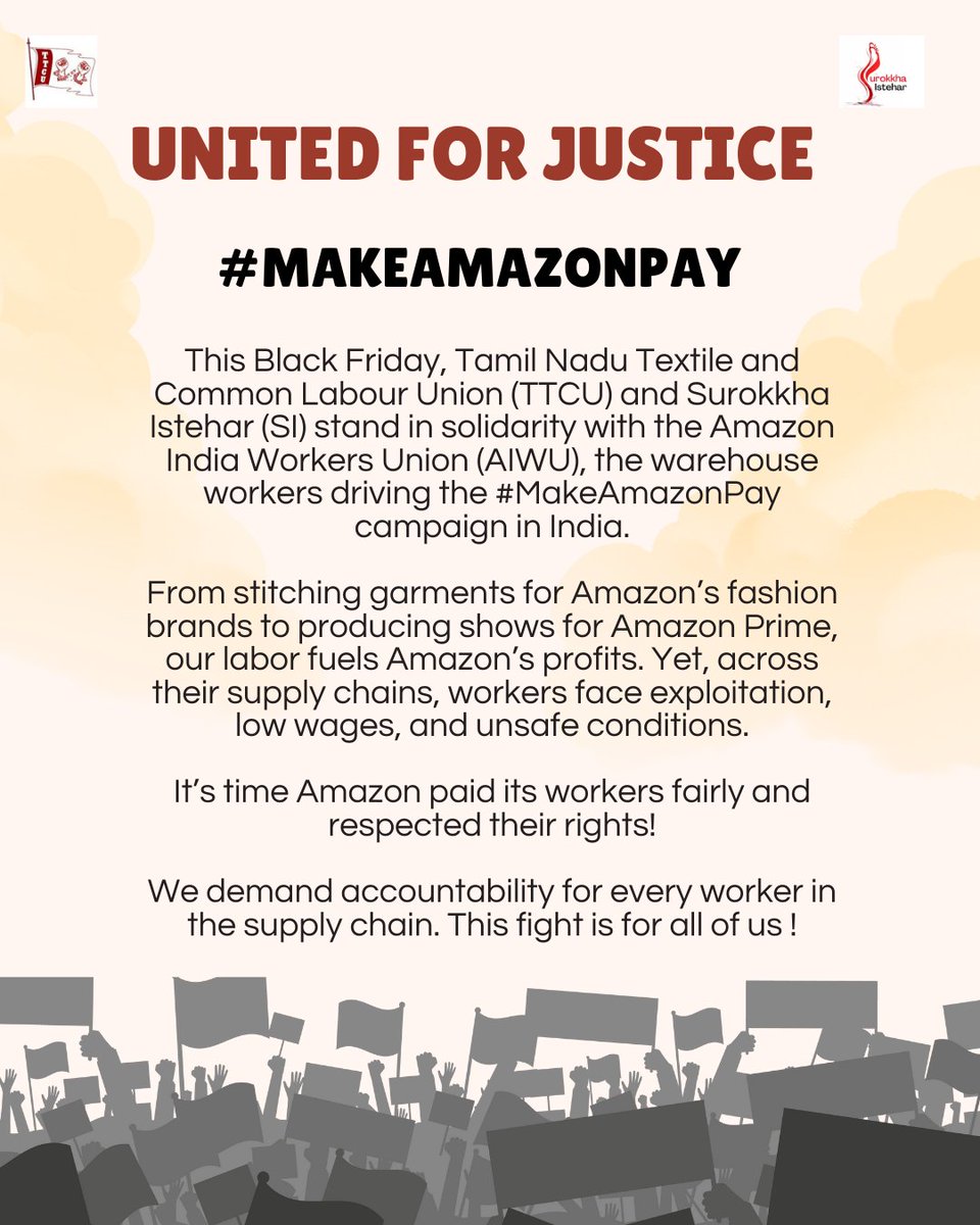 This Black Friday, TTCU stands with #Amazon workers!
From stitching garments to producing for Amazon Prime, our labor fuels their profits—yet workers face low wages &amp; unsafe conditions.
It’s time to #MakeAmazonPay! We demand fair wages, safe workplaces &amp; respect for all workers✊