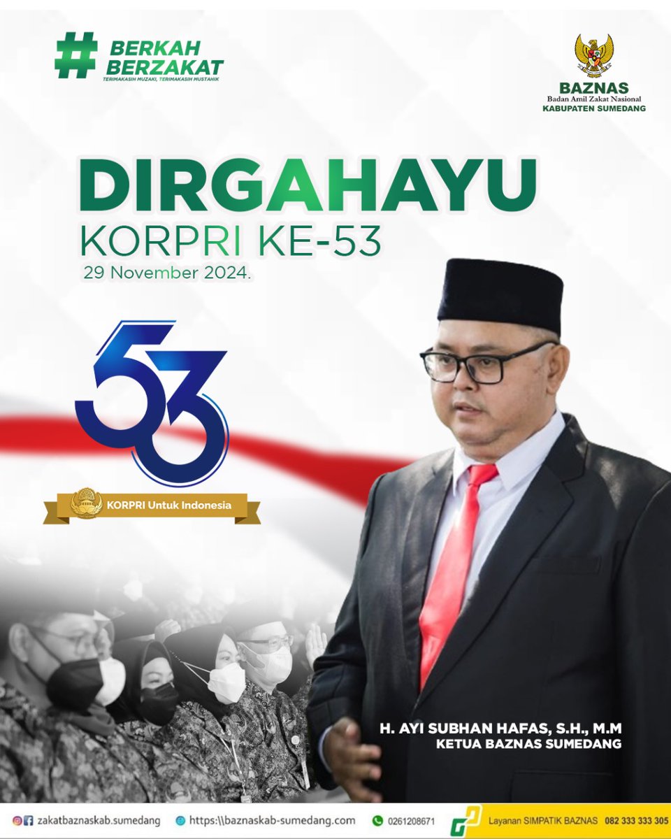 Dirgahayu KORPRI Ke-53

Segenap keluarga besar BAZNAS Kabupaten Sumedang mengucapkan Dirgahayu KORPRI Ke-53. 

53 tahun sumbangsih KORPRI untuk kemajuan Indonesia.

"KORPRI Untuk Indonesia"

#baznaskabsumedang #Baznas #KORPRI #hutkorpri #Sumedang #indonesia #yuksedekah