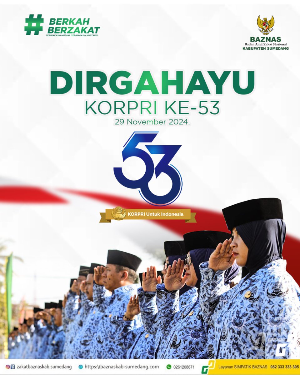 BaznasSumedang's tweet photo. Dirgahayu KORPRI Ke-53

Segenap keluarga besar BAZNAS Kabupaten Sumedang mengucapkan Dirgahayu KORPRI Ke-53. 

53 tahun sumbangsih KORPRI untuk kemajuan Indonesia.

"KORPRI Untuk Indonesia"

#baznaskabsumedang #Baznas #KORPRI #hutkorpri #Sumedang #indonesia #yuksedekah https://t.co/T7WGPNcG9R