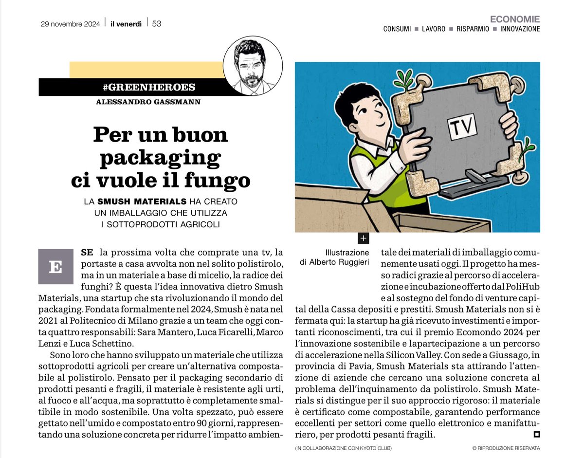 Problema  risolto alla radice, anzi con la radice🫚dei  funghi🍄: il #Packaging compostabile  🌳alternativo  al  polistirolo  creato  da  #smushmaterials nella  pagina  <a href="/GreenHeroesKC/">Green Heroes</a> di  #AlessandroGassmann #repubblica