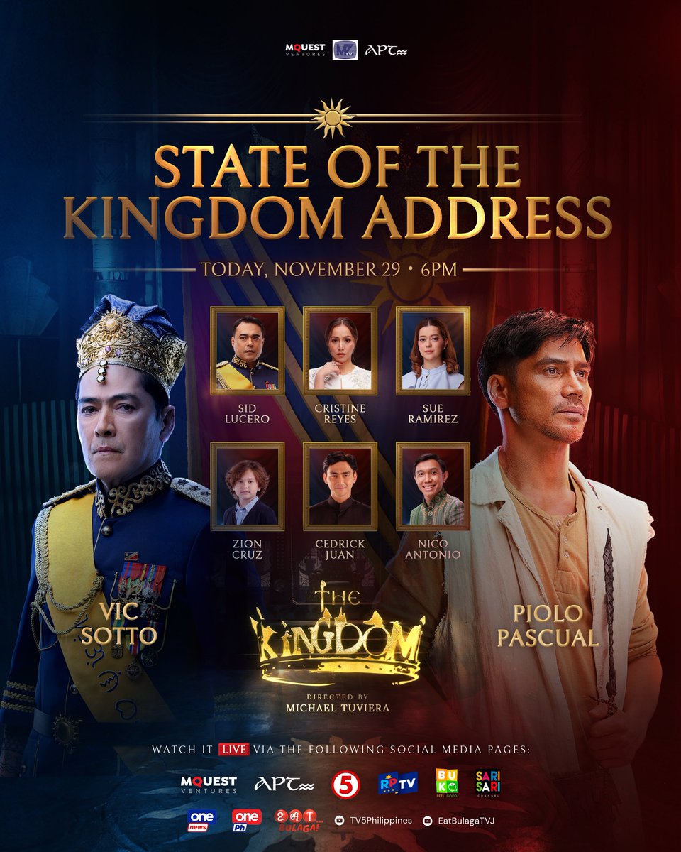 APTEnt_ph's tweet photo. Mga Malaya! Tutok na mamaya sa SOKA (Grand MediaCon) at Trailer Launch ng #TheKingdom, LIVE NA LIVE at 6PM sa mga sumusunod 💙❤️
Let’s spread the royal-news kaya don’t forget to use our official hashtags — #StateOfTHEKINGDOMAddress #SOTKA #MMFF2024 — in all your posts! https://t.co/FK1oZFZe2i