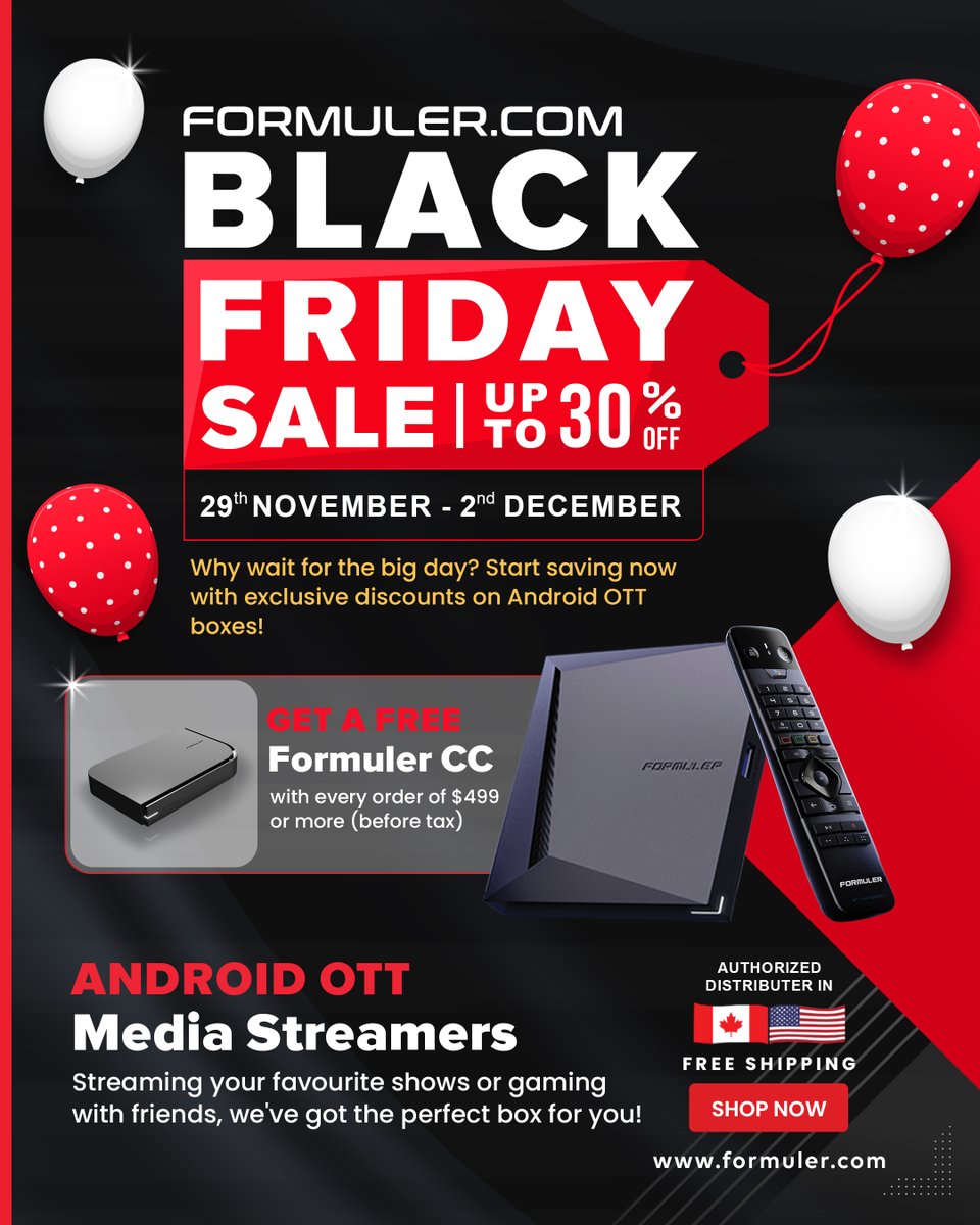 Formulerdotcom's tweet image. We offer attractive Black Friday deals for Android-based IPTV Set-Top boxes and media streaming devices.
Shop Now: formuler.com

#BlackFridayDeals #Canada #Electronic #Formuler #Scarborough #OTT #SettopBox #Android