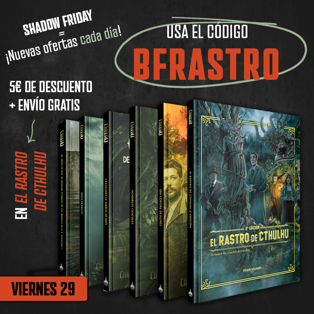Shadowlandsed's tweet photo. El #ShadowFriday nos deja hoy un rastro claro 👣🔎🐙 Sigue las pistas, usa el código BFRASTRO y llévate 5€ de descuento + envío gratis en toda la línea de #ElRastroDeCthulhu.

Promoción válida hasta las 23:59h de esta noche. https://t.co/ADXOJ0Aj0q