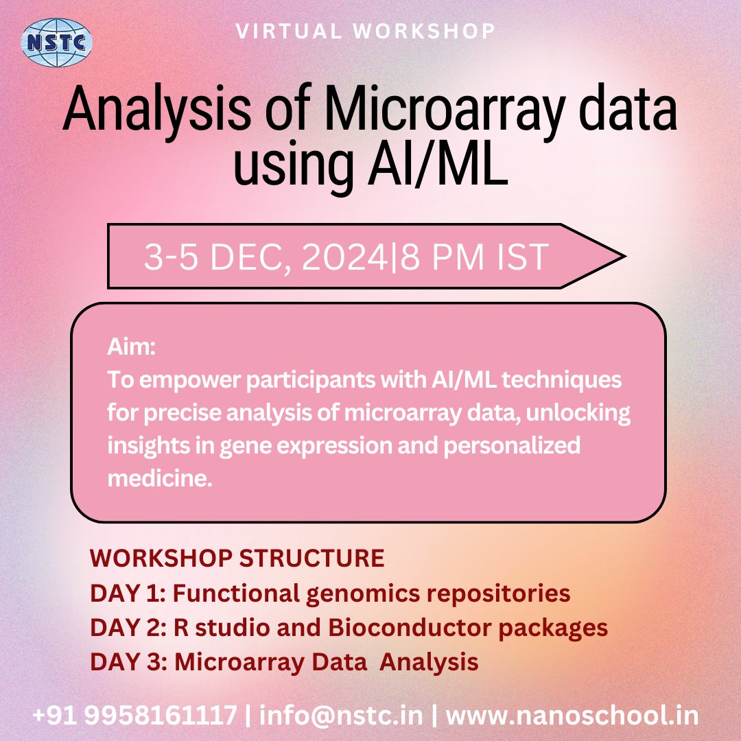 ITBreakCom's tweet image. Explore Genomic Insights with AI/ML!
📅 Date: 3-5 DEC, 2024
⏰ Time: 8 PM IST
💻 Mode: Online
Register Now: nanoschool.in/enroll-me/?pid…
Know More: nanoschool.in/biotechnology/…
#GenomicInsights #BioinformaticsWorkshop #AIinHealthcare #GeneExpressionAnalysis #AIForLifeSciences